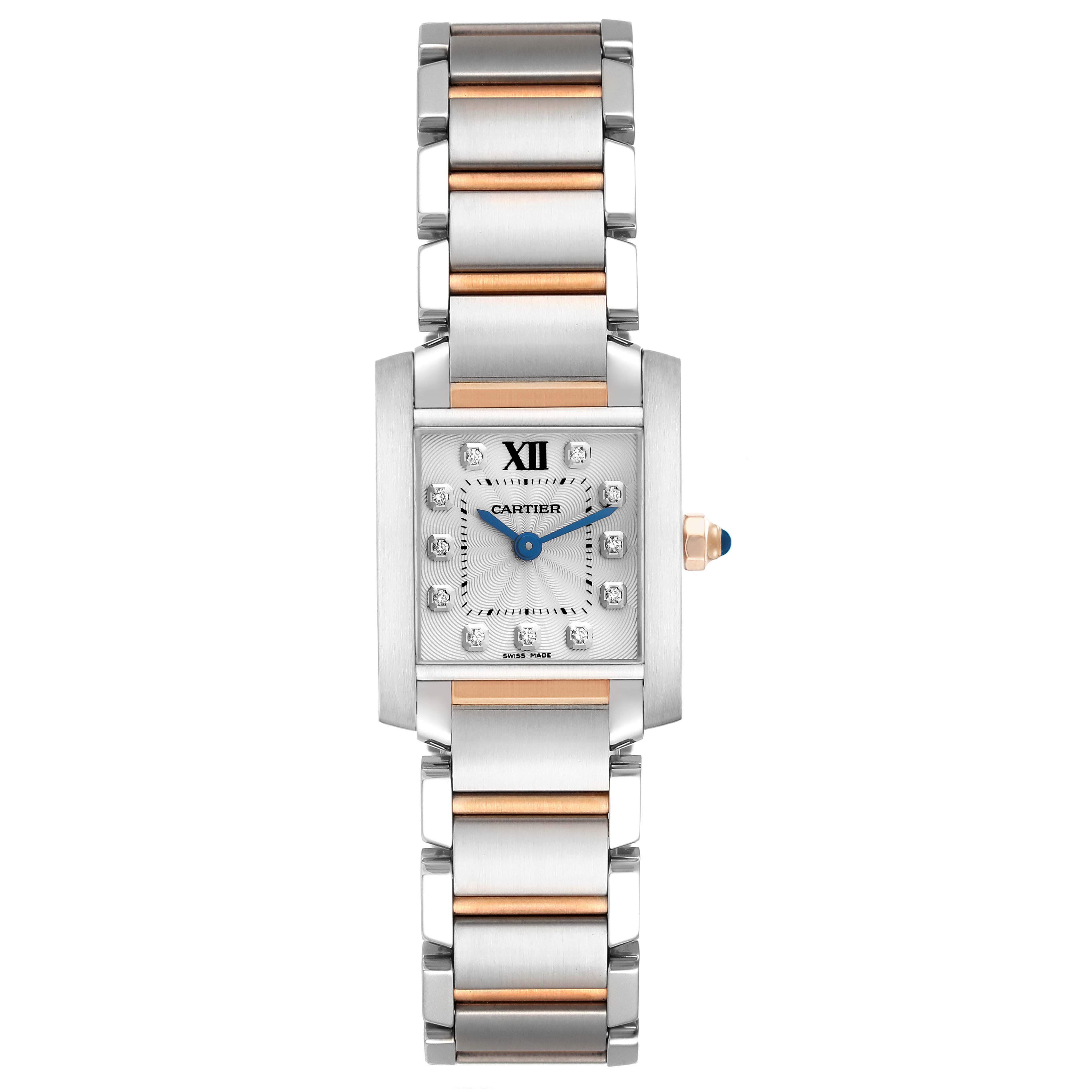 This image shows a Cartier Tank Francaise WE110004 Women's Steel and Gold (two tone) Silver Dial WE110004 Women's Steel and Gold (two tone) Silver Dial watch from a top-down view, displaying its face, bracelet, and crown.