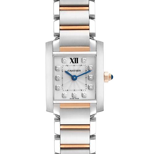 The image shows a front view of a Cartier Tank Francaise watch, featuring a two-tone bracelet and diamond markers.