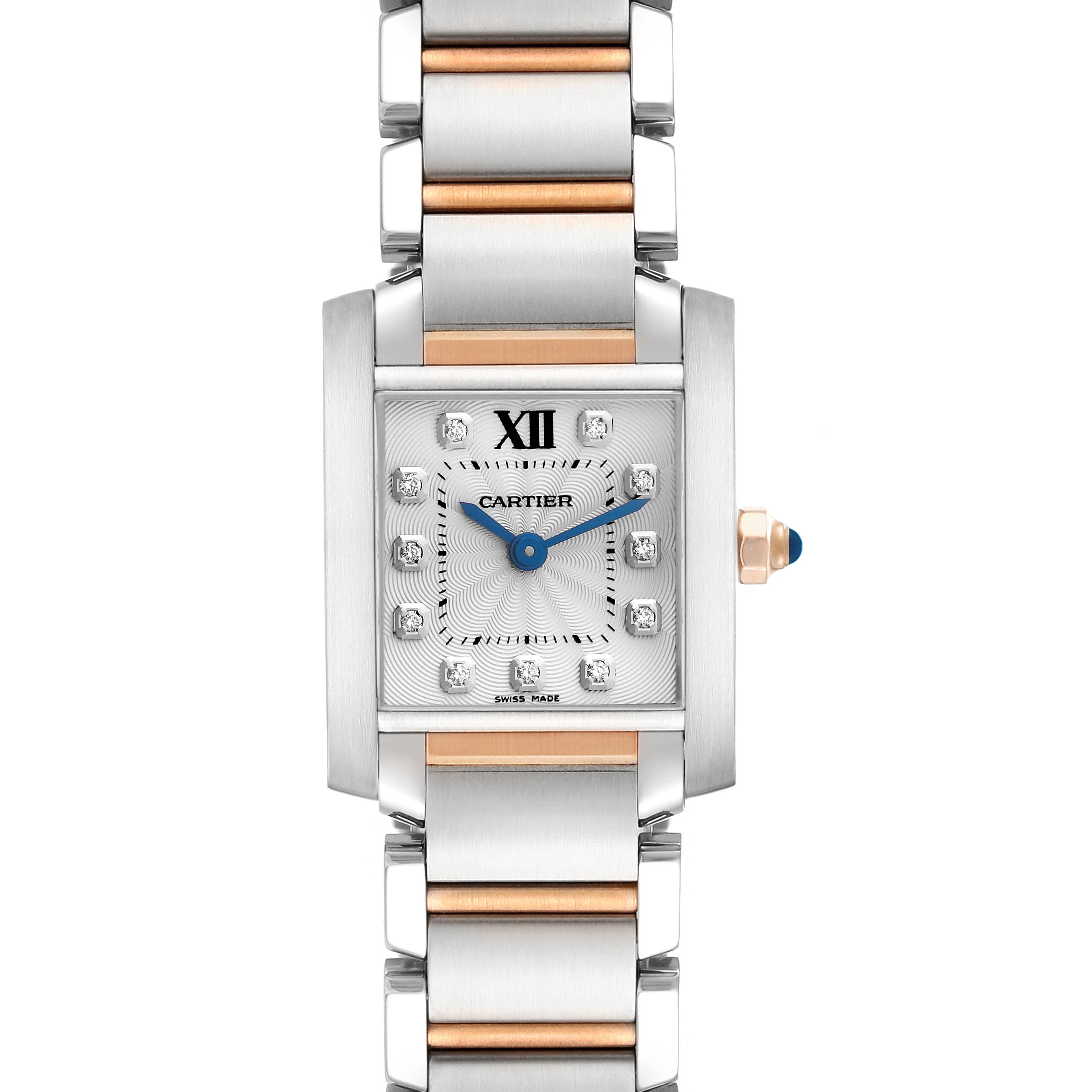 The image shows a frontal view of a Cartier Tank Francaise WE110004 Women's Steel and Gold (two tone) Silver Dial WE110004 Women's Steel and Gold (two tone) Silver Dial watch, highlighting its rectangular face, two-tone metal bracelet, and blue hands.
