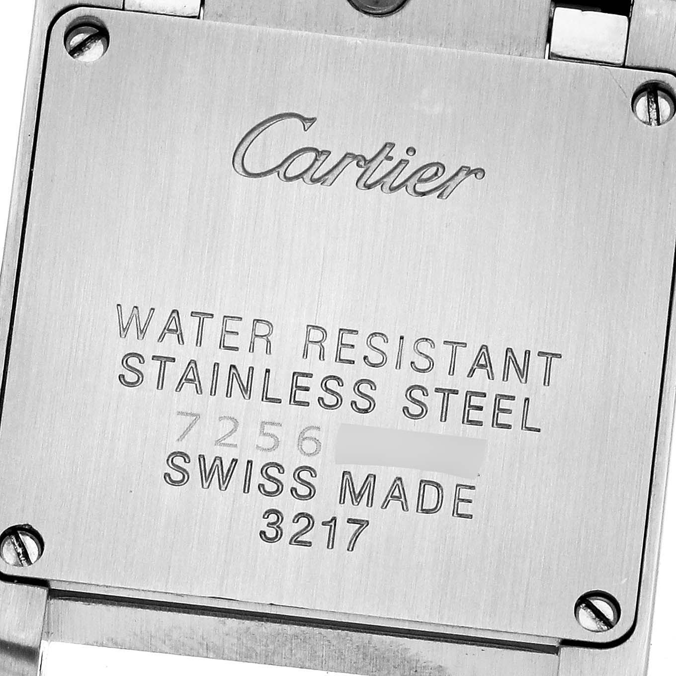 This image shows the back case of a Cartier Tank Française watch, displaying the brand, model, and water resistance specifications.