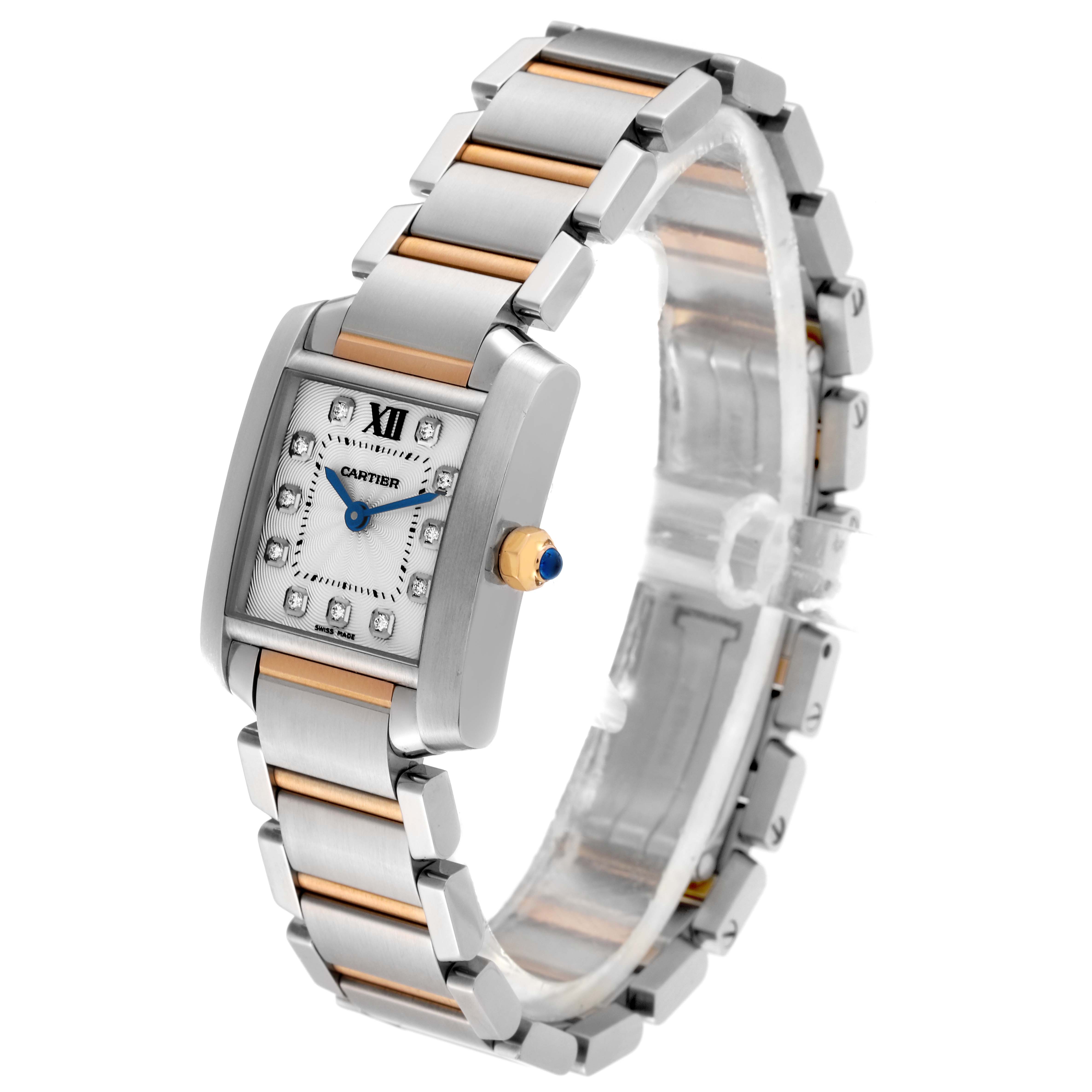 The Cartier Tank Francaise WE110004 Women's Steel and Gold (two tone) Silver Dial WE110004 Women's Steel and Gold (two tone) Silver Dial watch is shown at a 3/4 angle, highlighting its face, bracelet, and crown.