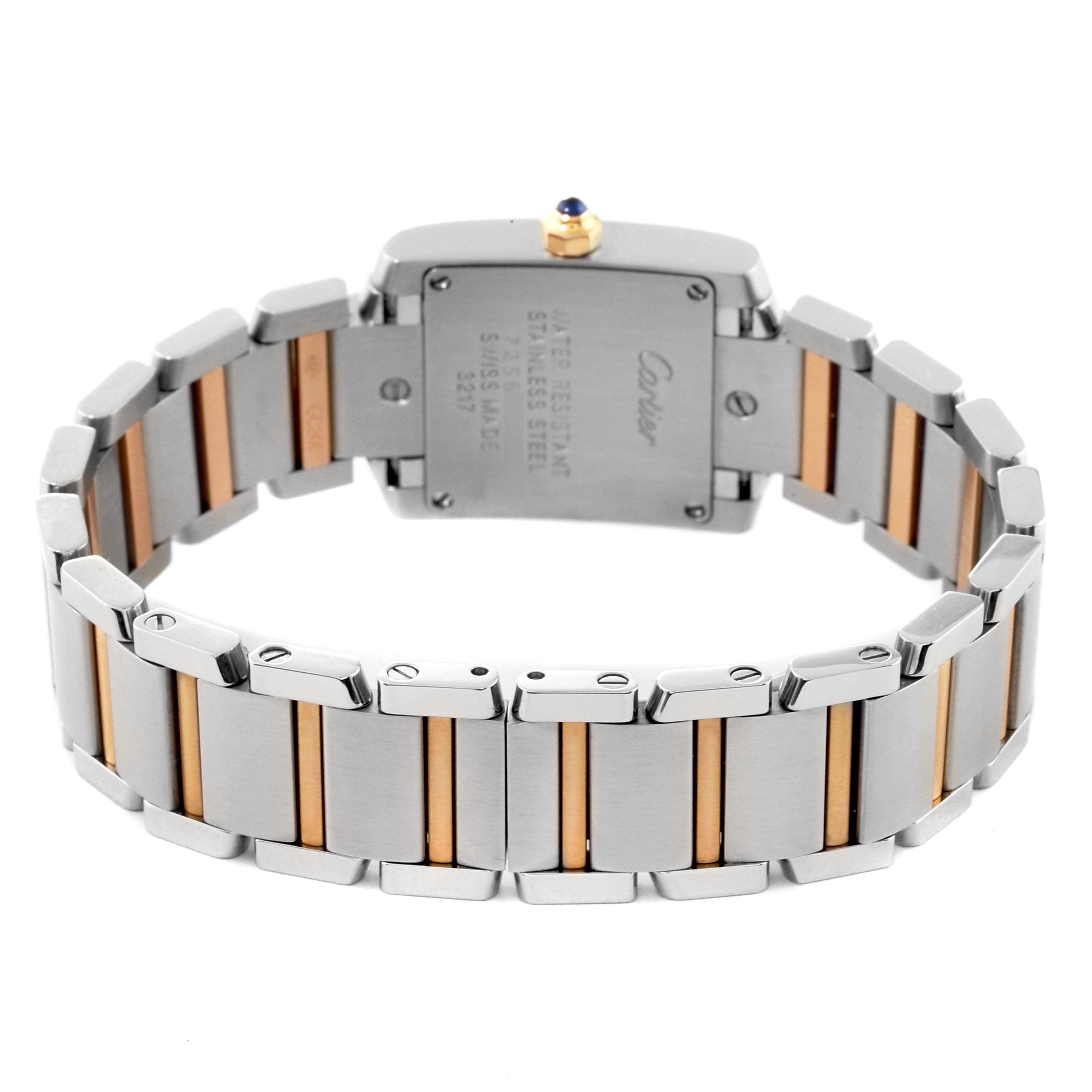 This image shows the back case and bracelet of the Cartier Tank Francaise WE110004 Women's Steel and Gold (two tone) Silver Dial WE110004 Women's Steel and Gold (two tone) Silver Dial watch, emphasizing the two-tone metal design.