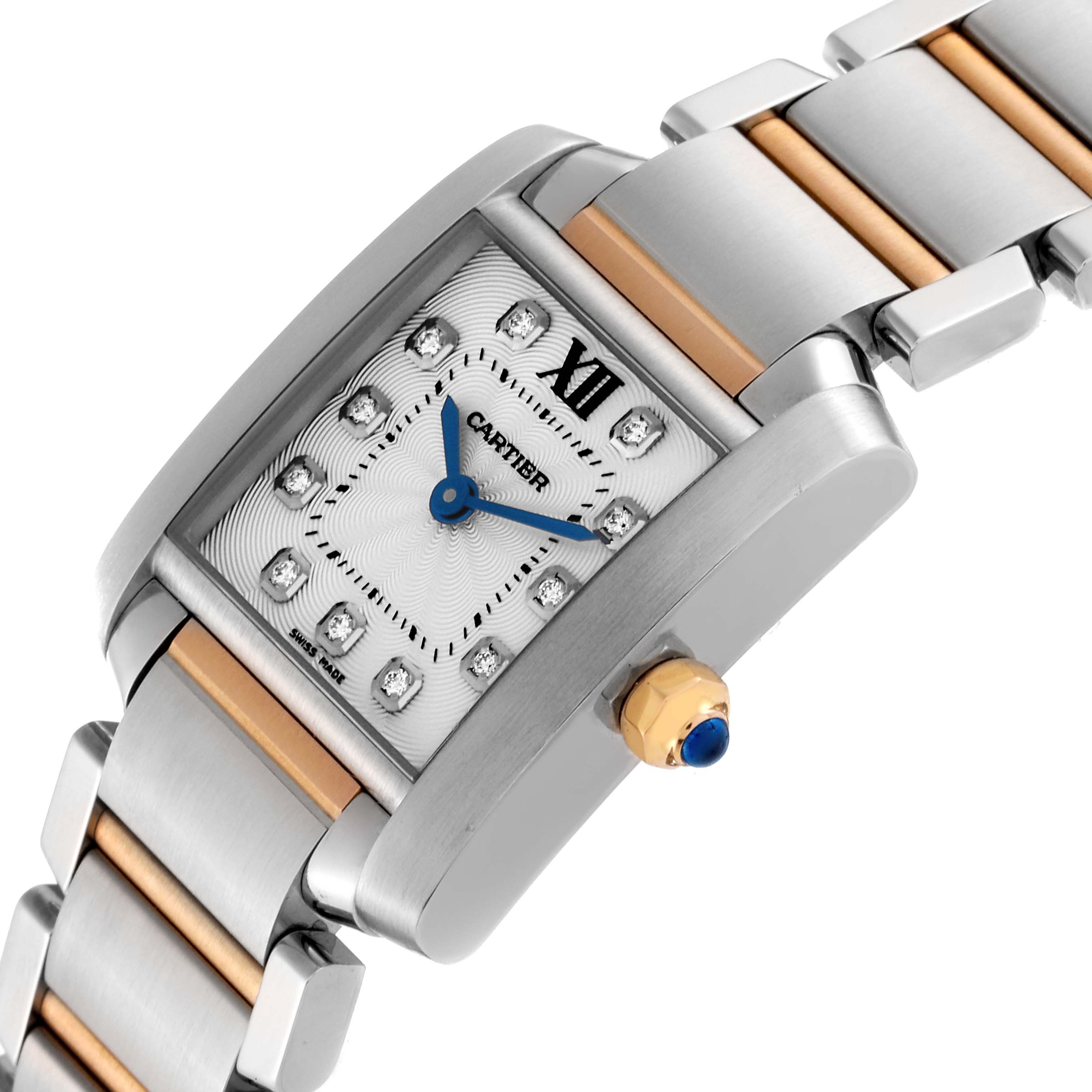 The Cartier Tank Francaise WE110004 Women's Steel and Gold (two tone) Silver Dial WE110004 Women's Steel and Gold (two tone) Silver Dial watch is shown at an angled view, highlighting the dial, crown, case, and part of the bracelet.