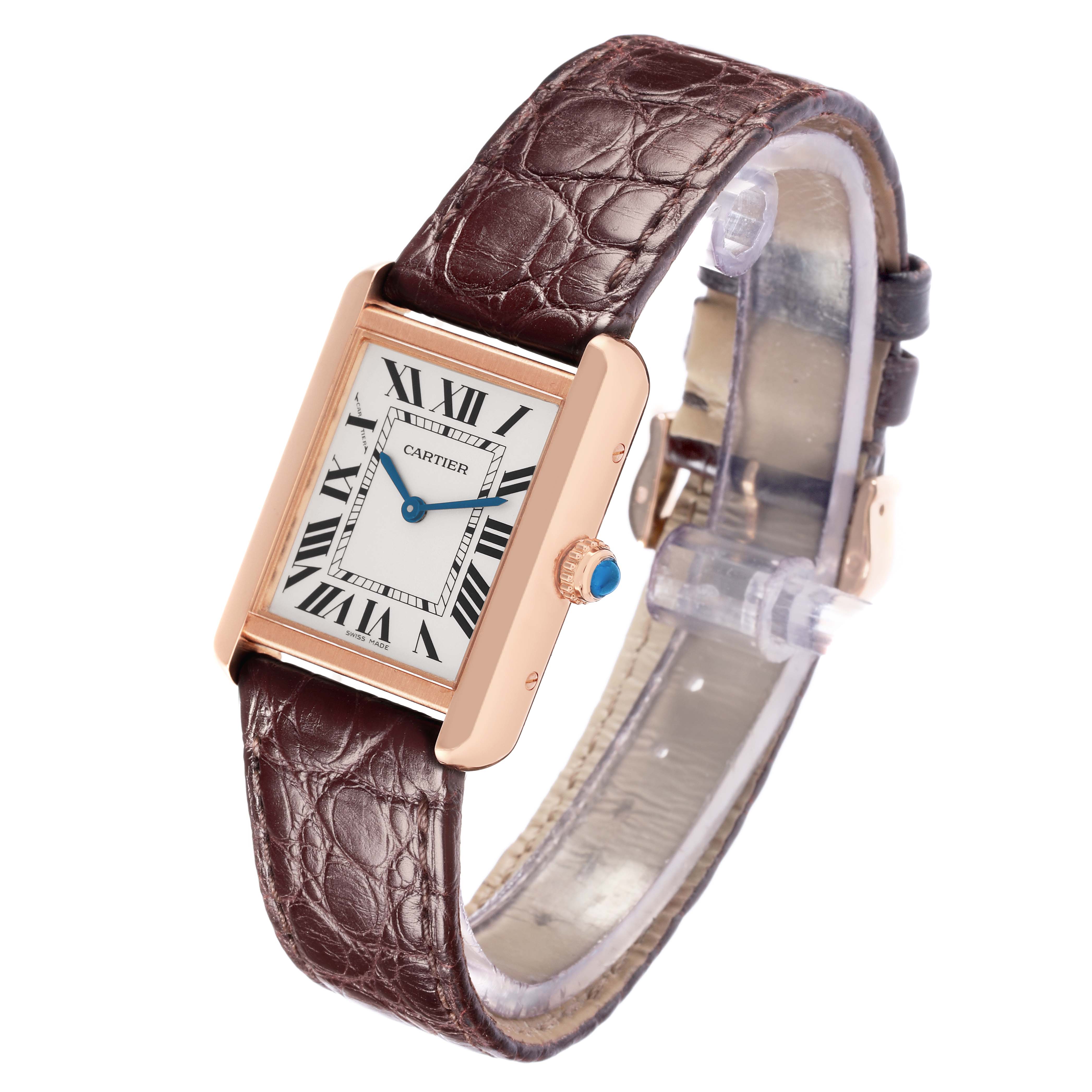 The Cartier Tank Solo W5200002 Women
s Steel and Gold (two tone) Silver Dial watch is shown at a slight angle, displaying the face, rectangular case, and brown leather strap.