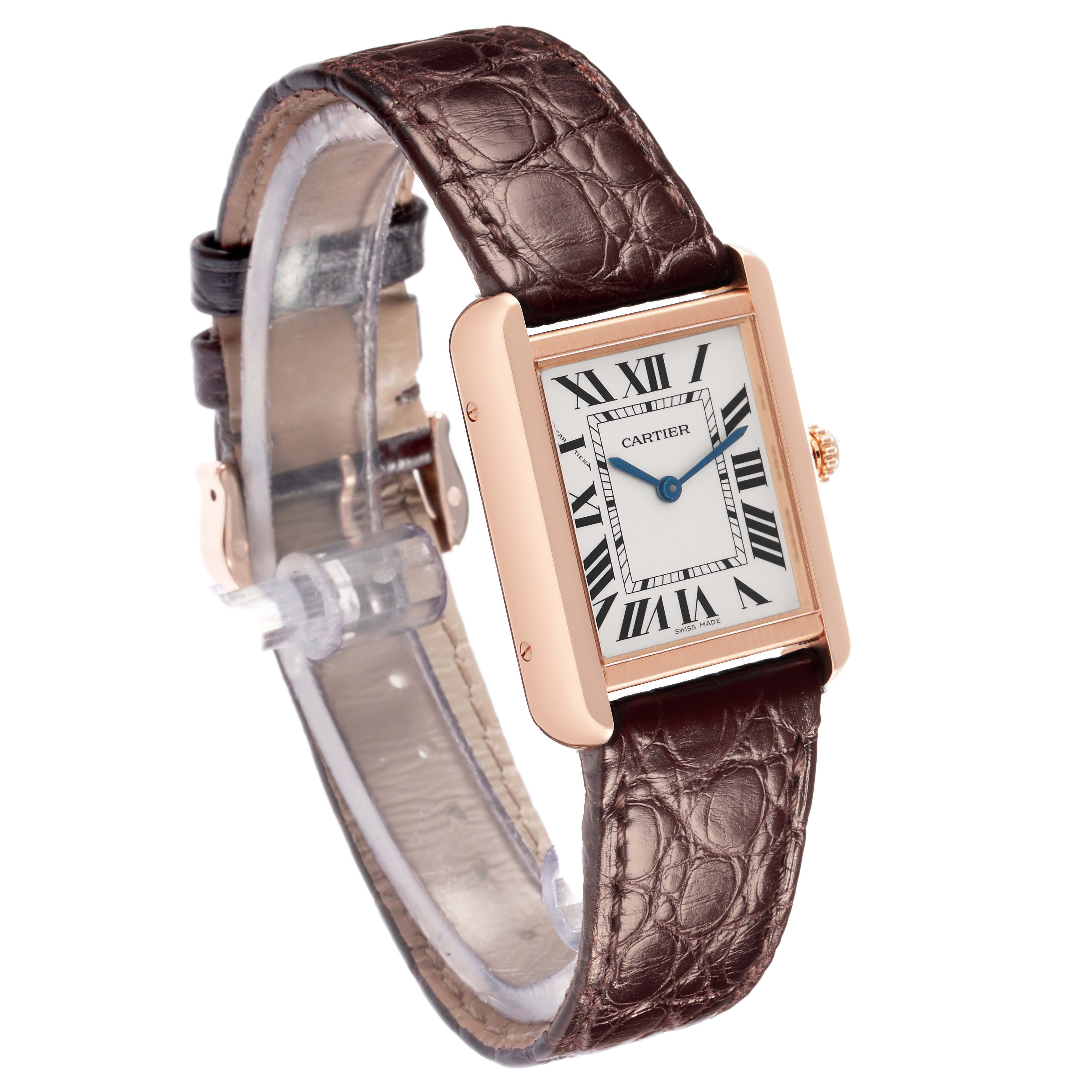 The Cartier Tank Solo W5200002 Women
s Steel and Gold (two tone) Silver Dial watch is shown at a three-quarter angle, highlighting the dial, case, and leather strap.