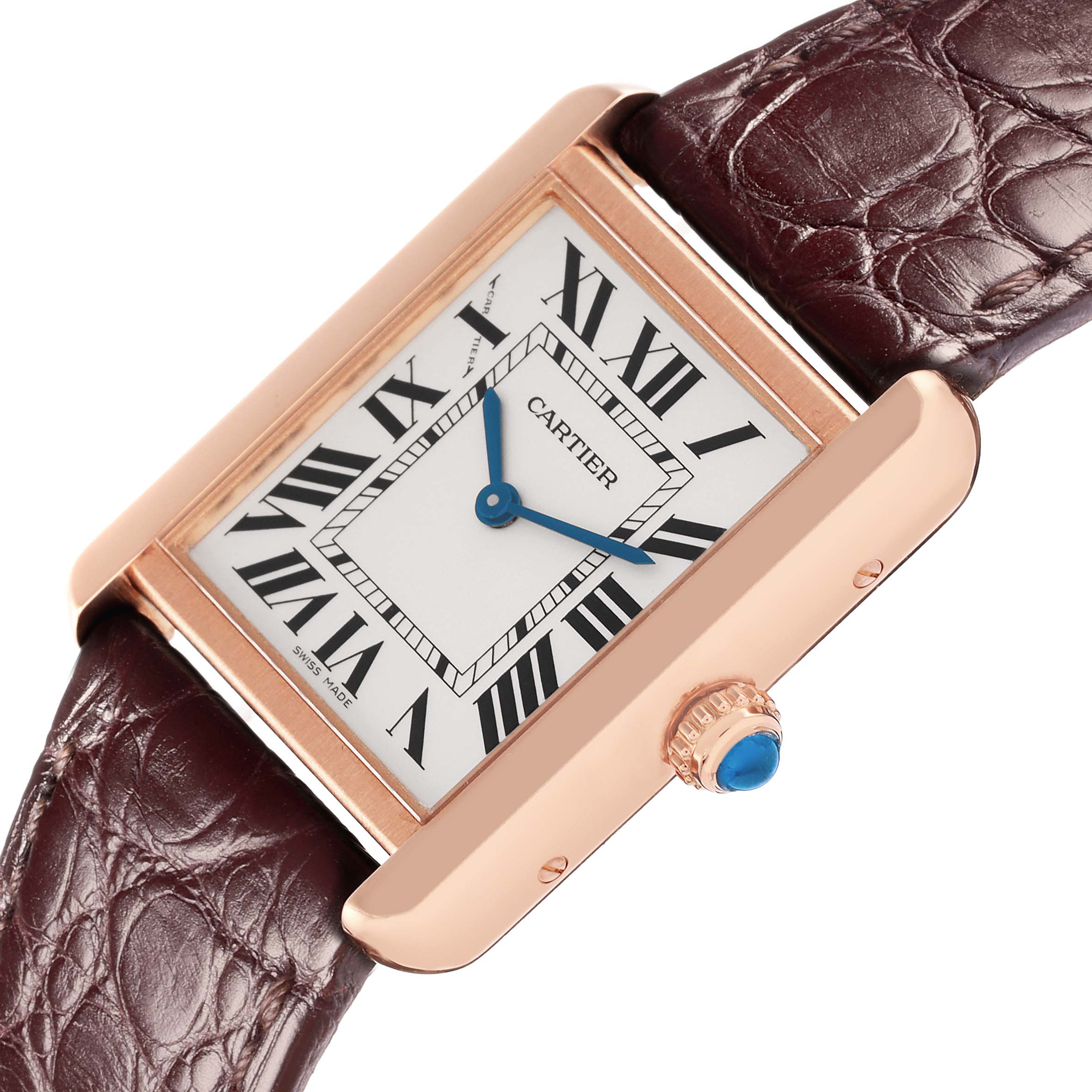 The Cartier Tank Solo W5200002 Women
s Steel and Gold (two tone) Silver Dial watch is shown at an angle, highlighting the face, bezel, and crown with a leather strap.