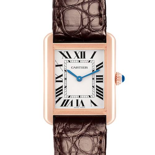 The Cartier Tank Solo W5200002 watch is shown from the front, displaying the rectangular case, Roman numeral dial, blued hands, and brown leather strap.