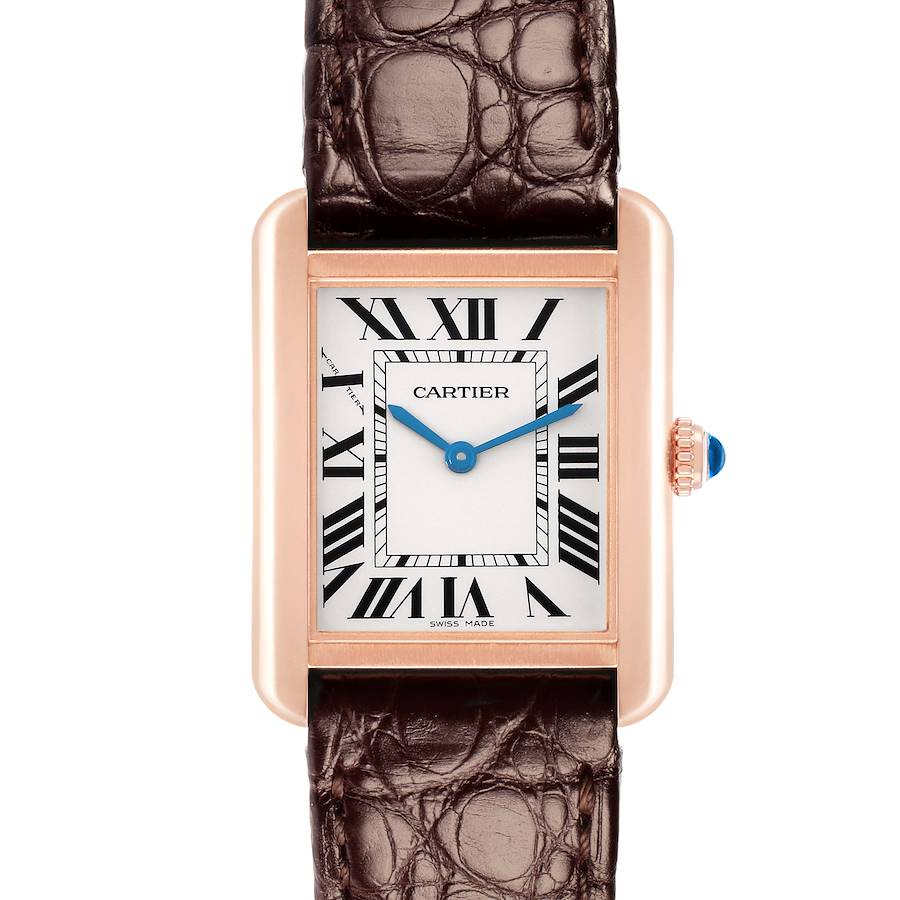 The Cartier Tank Solo W5200002 watch is shown from the front, highlighting the rectangular dial, Roman numerals, blue hands, crown, and brown leather strap.