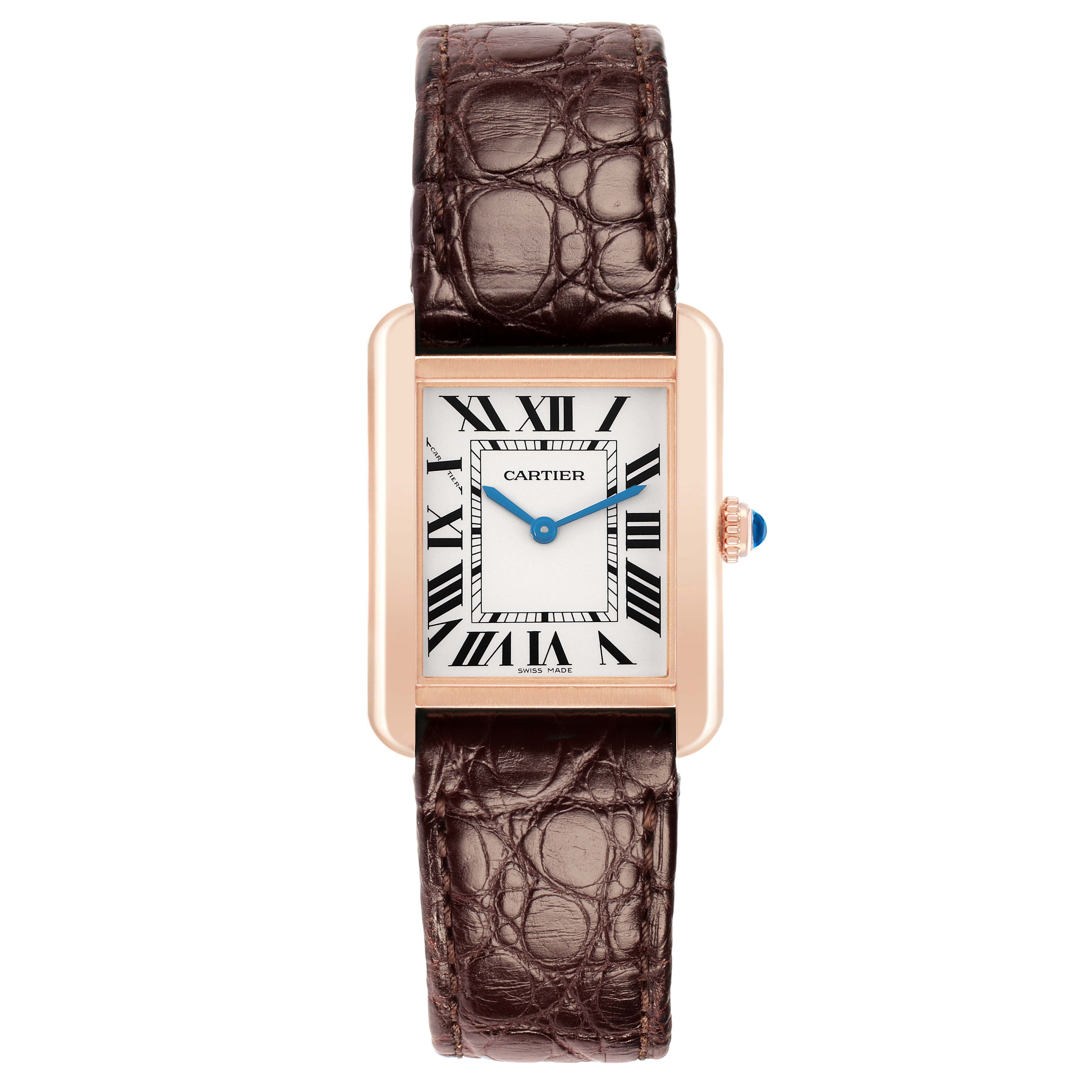 The Cartier Tank Solo W5200024 Women
s Steel and Gold (two tone) Silver Dial watch is shown from the front, featuring a rectangular dial, Roman numerals, and a leather strap.
