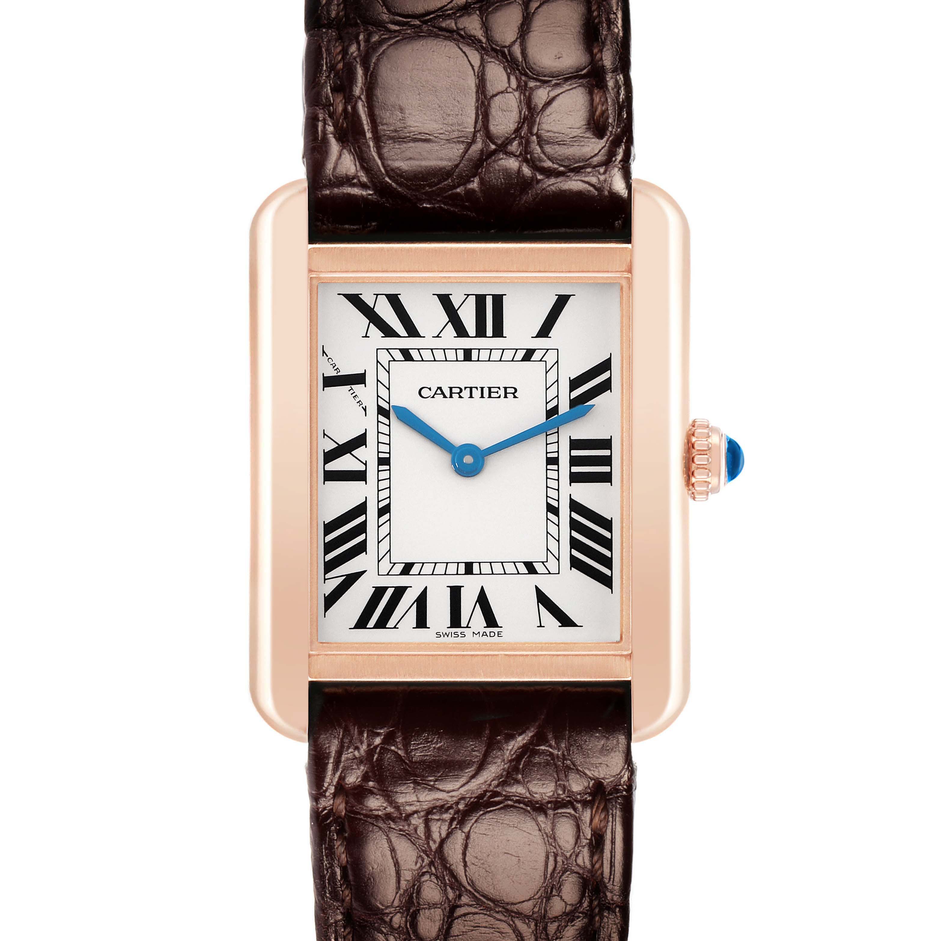 The Cartier Tank Solo W5200024 Women
s Steel and Gold (two tone) Silver Dial watch is shown from the front, displaying the face, Roman numerals, leather strap, and crown.