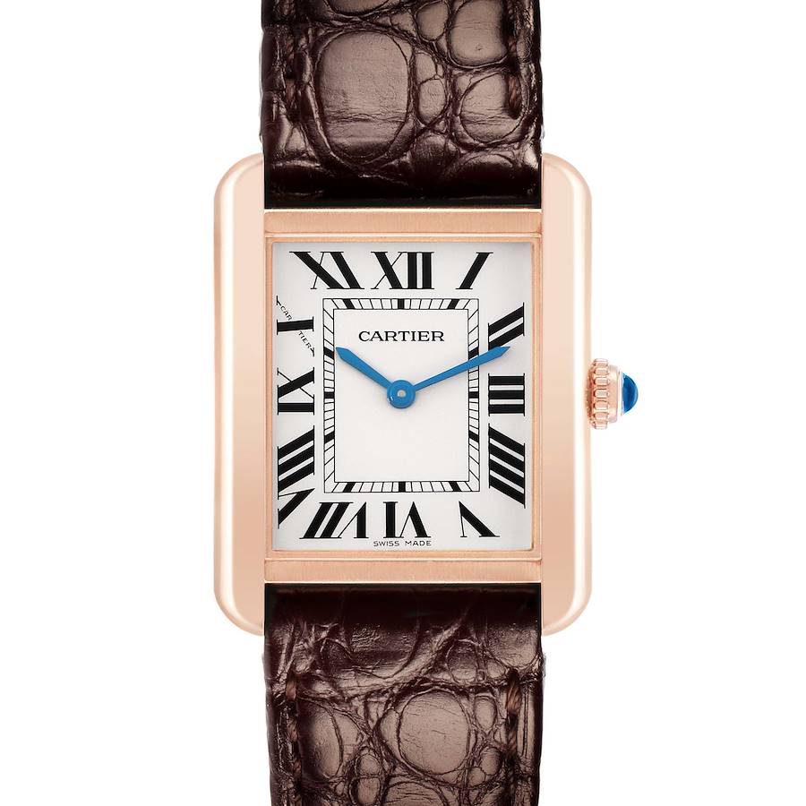 The Cartier Tank Solo W5200024 Women
s Steel and Gold (two tone) Silver Dial watch is shown from the front, displaying the face, Roman numerals, leather strap, and crown.