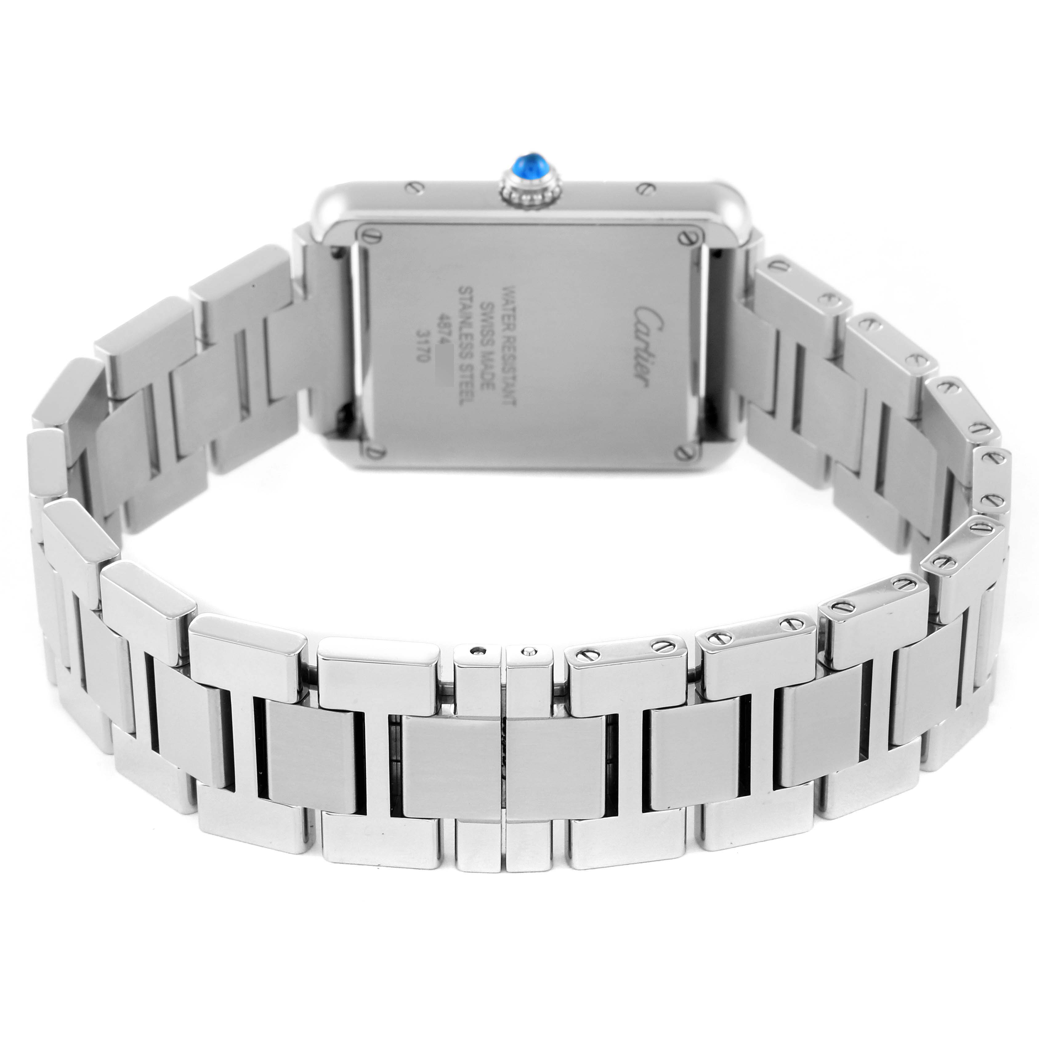 The image shows the back case and metal bracelet of a Cartier Tank Solo W5200013 Women's Stainless Steel Silver Dial W5200013 Women's Stainless Steel Silver Dial watch at a slight angle.