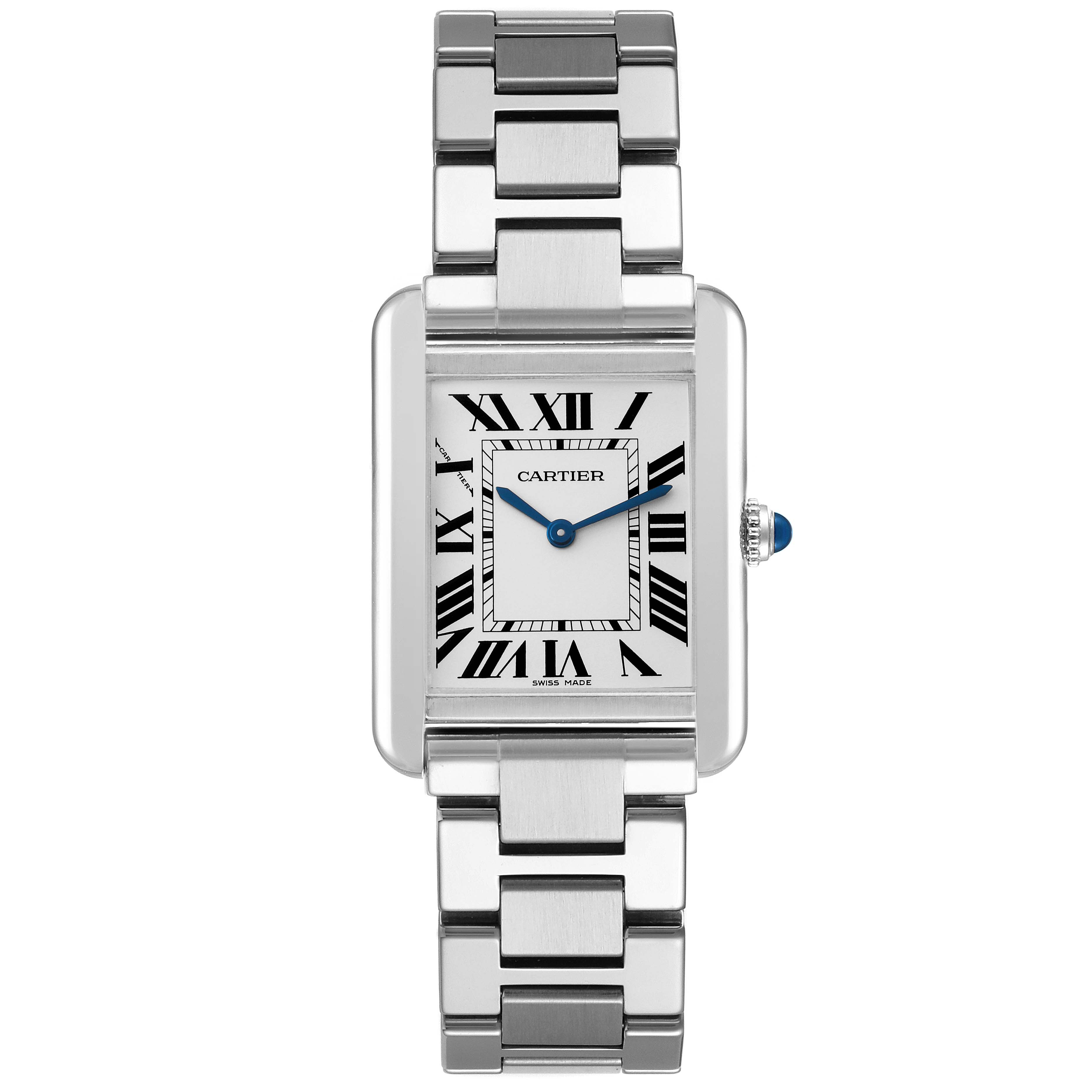 The Cartier Tank Solo W5200013 Women's Stainless Steel Silver Dial W5200013 Women's Stainless Steel Silver Dial watch is shown from a top view, displaying its rectangular face, Roman numerals, and metal bracelet.