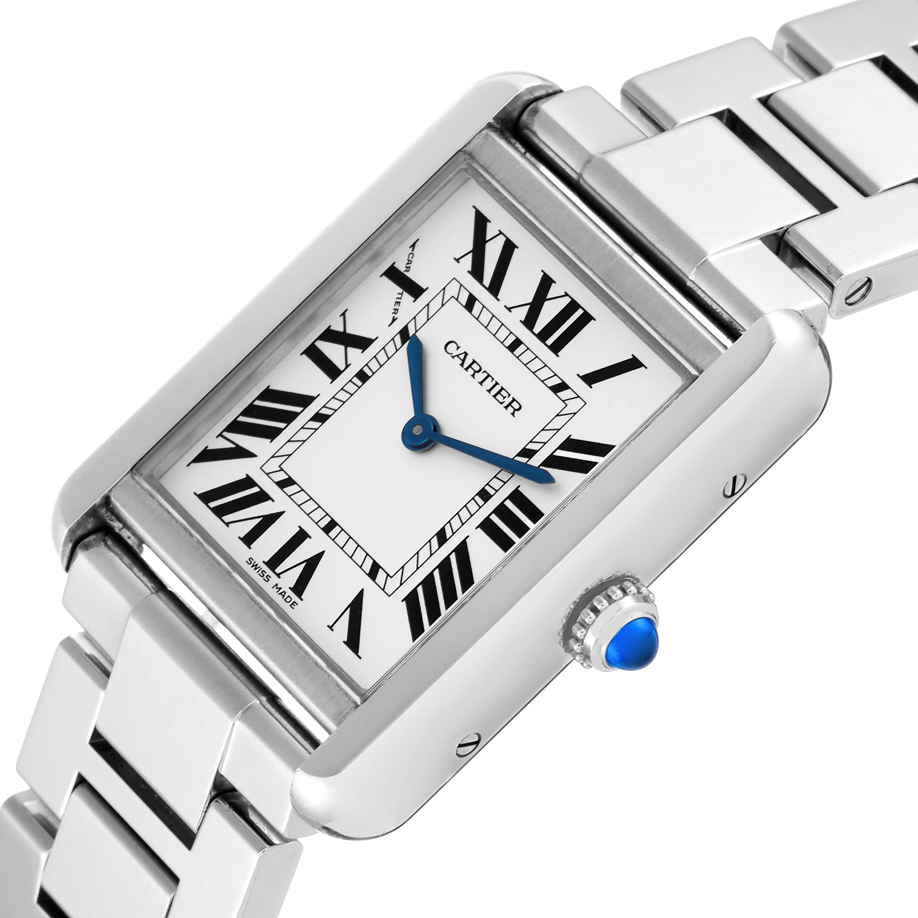 This image shows a Cartier Tank Solo W5200013 Women's Stainless Steel Silver Dial W5200013 Women's Stainless Steel Silver Dial watch at an angled view, highlighting its rectangular face, Roman numerals, and stainless steel bracelet.