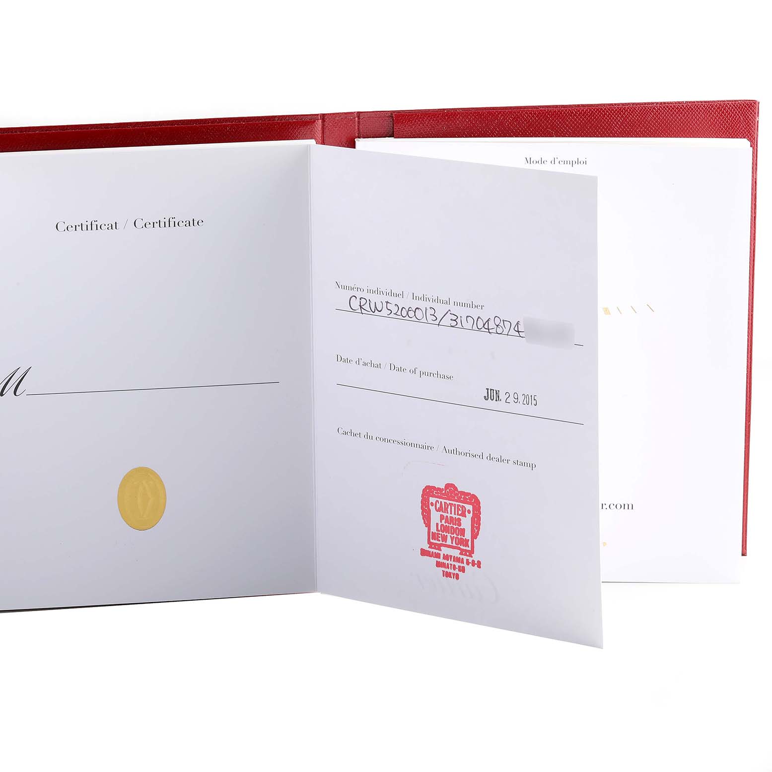 The image shows the certificate of authenticity and documentation for the Cartier Tank Solo W5200013 Women's Stainless Steel Silver Dial W5200013 Women's Stainless Steel Silver Dial model.