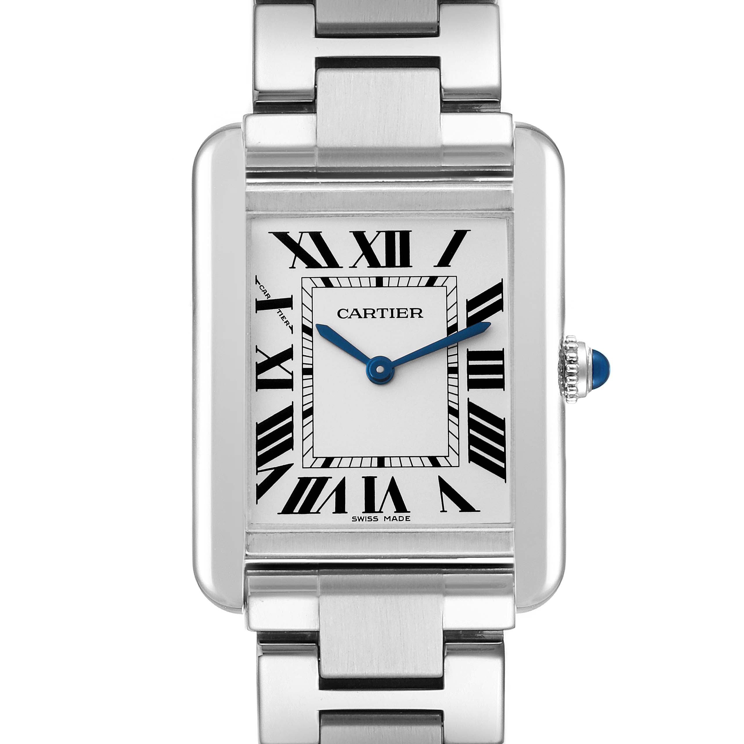 This image shows a front view of the Cartier Tank Solo W5200013 Women's Stainless Steel Silver Dial W5200013 Women's Stainless Steel Silver Dial watch, highlighting the dial, Roman numerals, blue hands, and part of the bracelet.