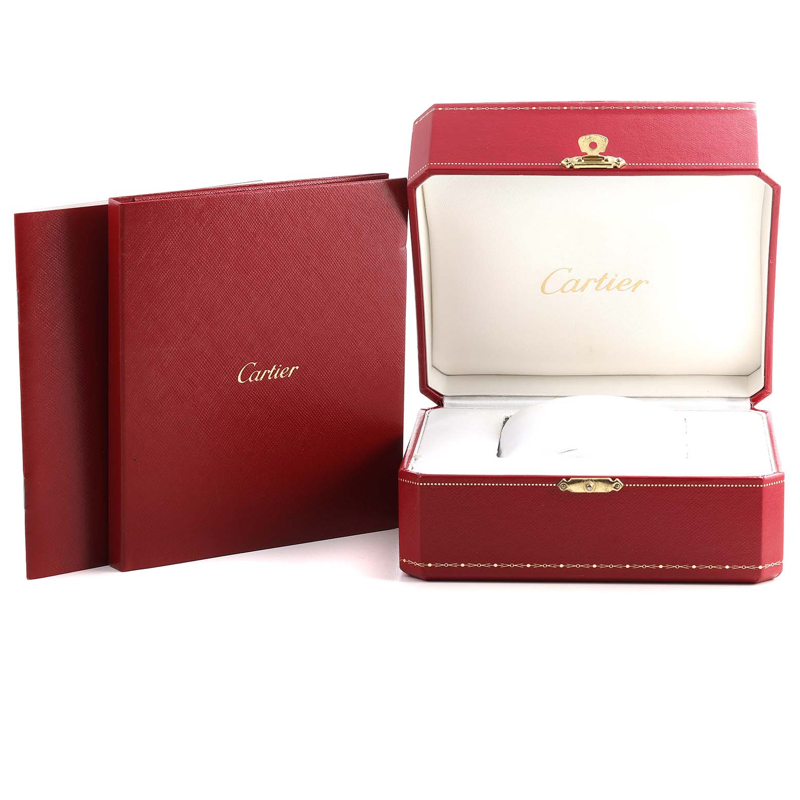 The image shows the Cartier Tank Solo W5200013 Women's Stainless Steel Silver Dial W5200013 Women's Stainless Steel Silver Dial watch's red presentation box and accompanying accessories, viewed from a frontal angle.