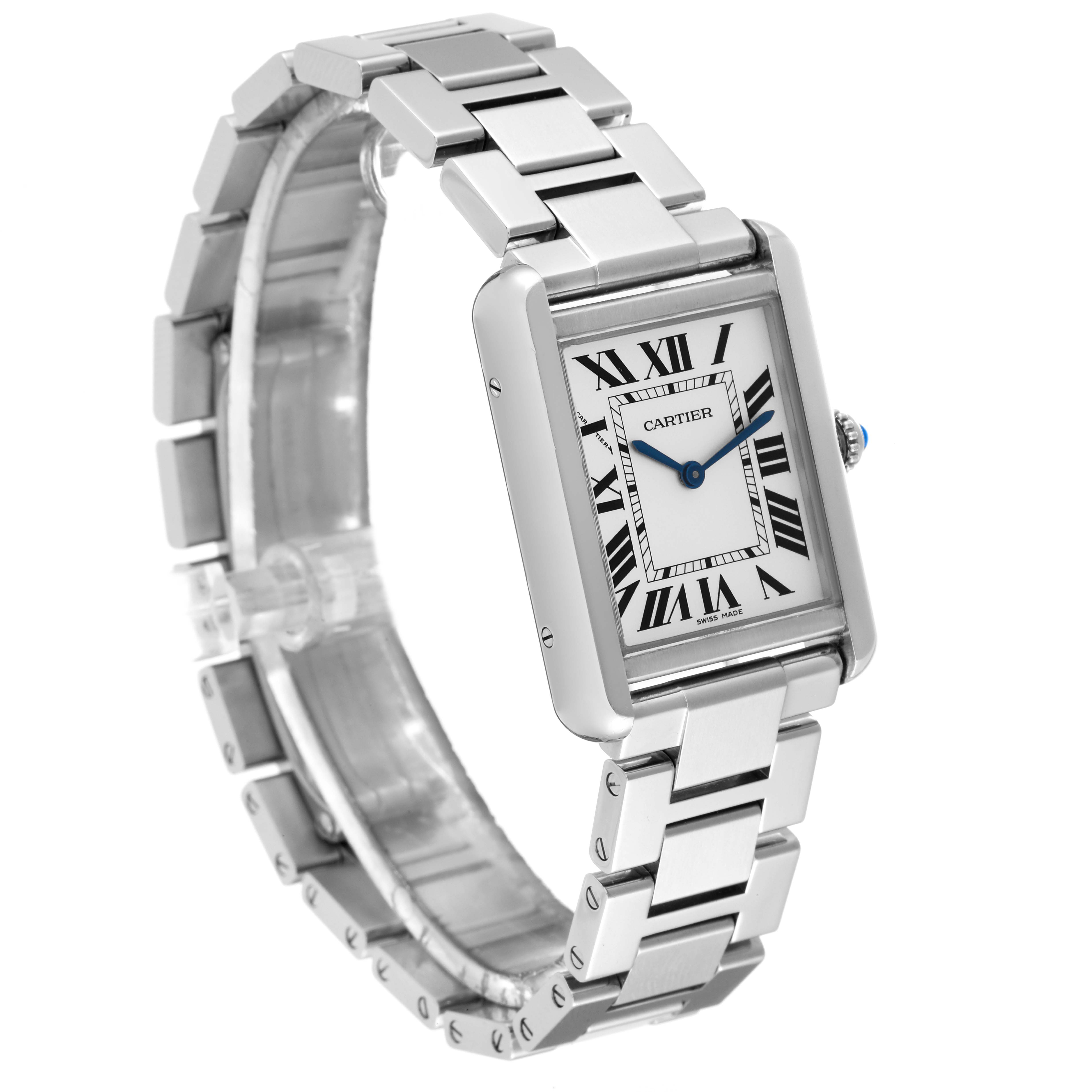 The Cartier Tank Solo W5200013 Women's Stainless Steel Silver Dial W5200013 Women's Stainless Steel Silver Dial watch is shown from a left-front angle, highlighting its rectangular dial, Roman numerals, and metal bracelet.