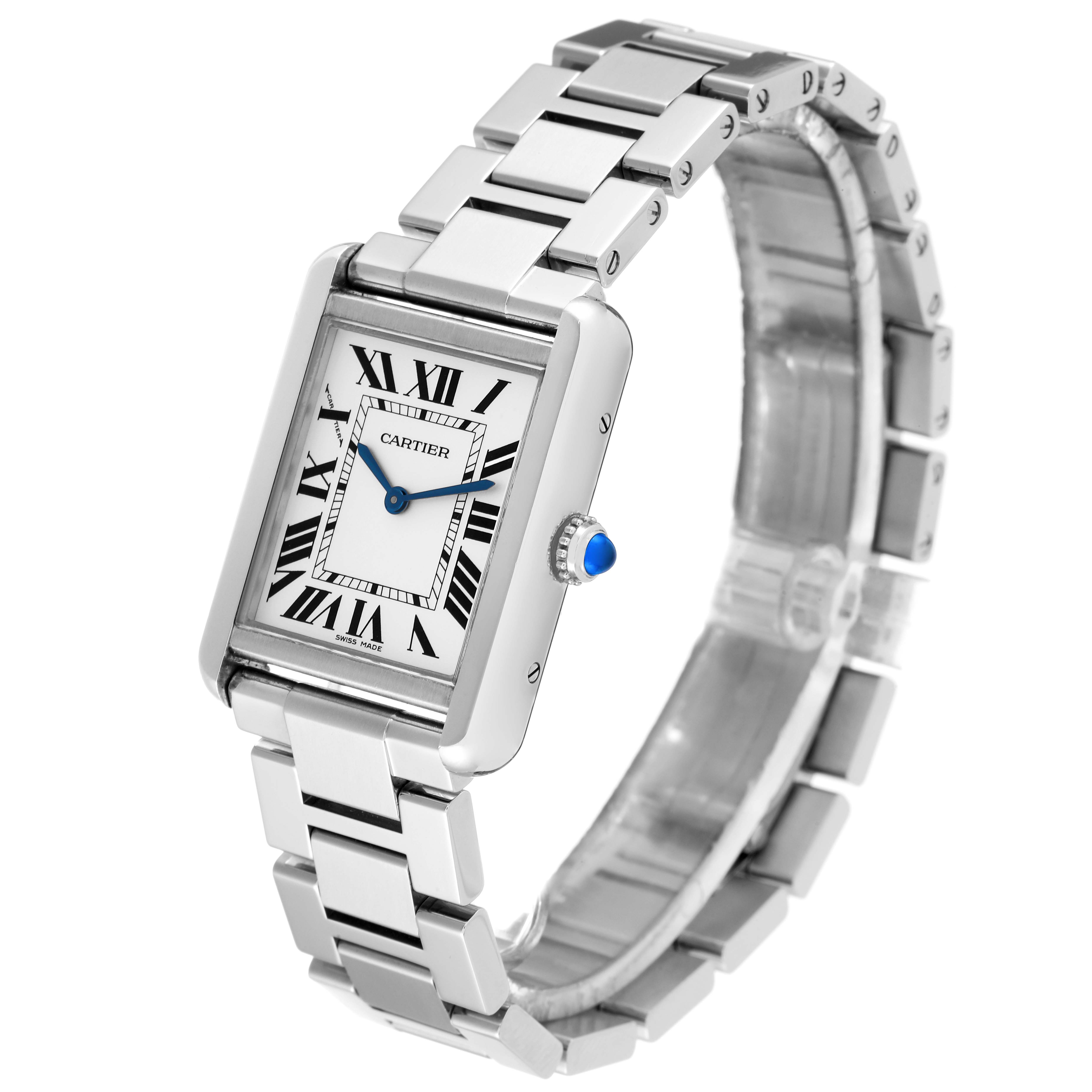 The image shows a Cartier Tank Solo W5200013 Women's Stainless Steel Silver Dial W5200013 Women's Stainless Steel Silver Dial watch, displaying the face, crown, and bracelet from a slight angle.