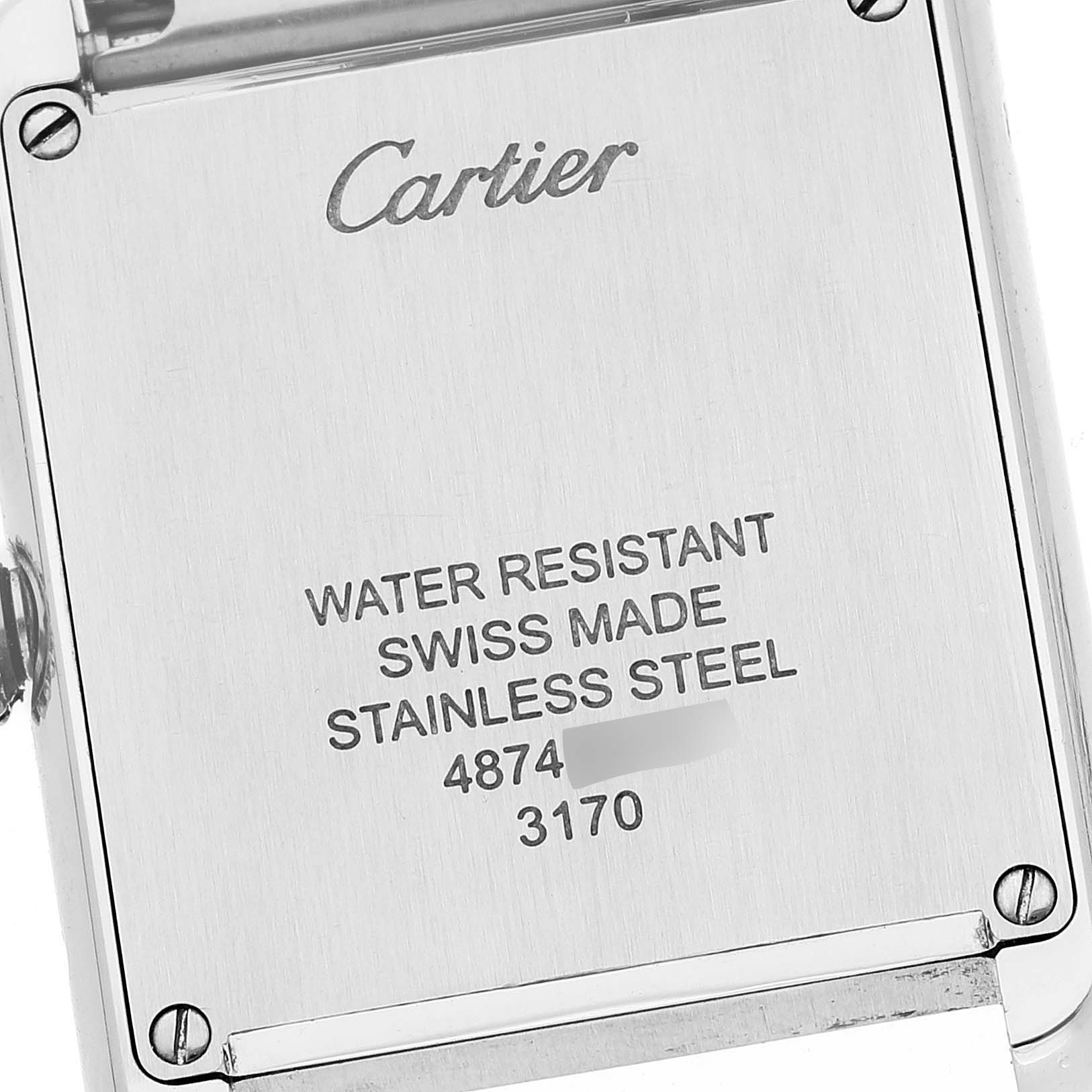 This image shows the back case of a Cartier Tank Solo W5200013 Women's Stainless Steel Silver Dial W5200013 Women's Stainless Steel Silver Dial watch, highlighting its water resistance and construction details.