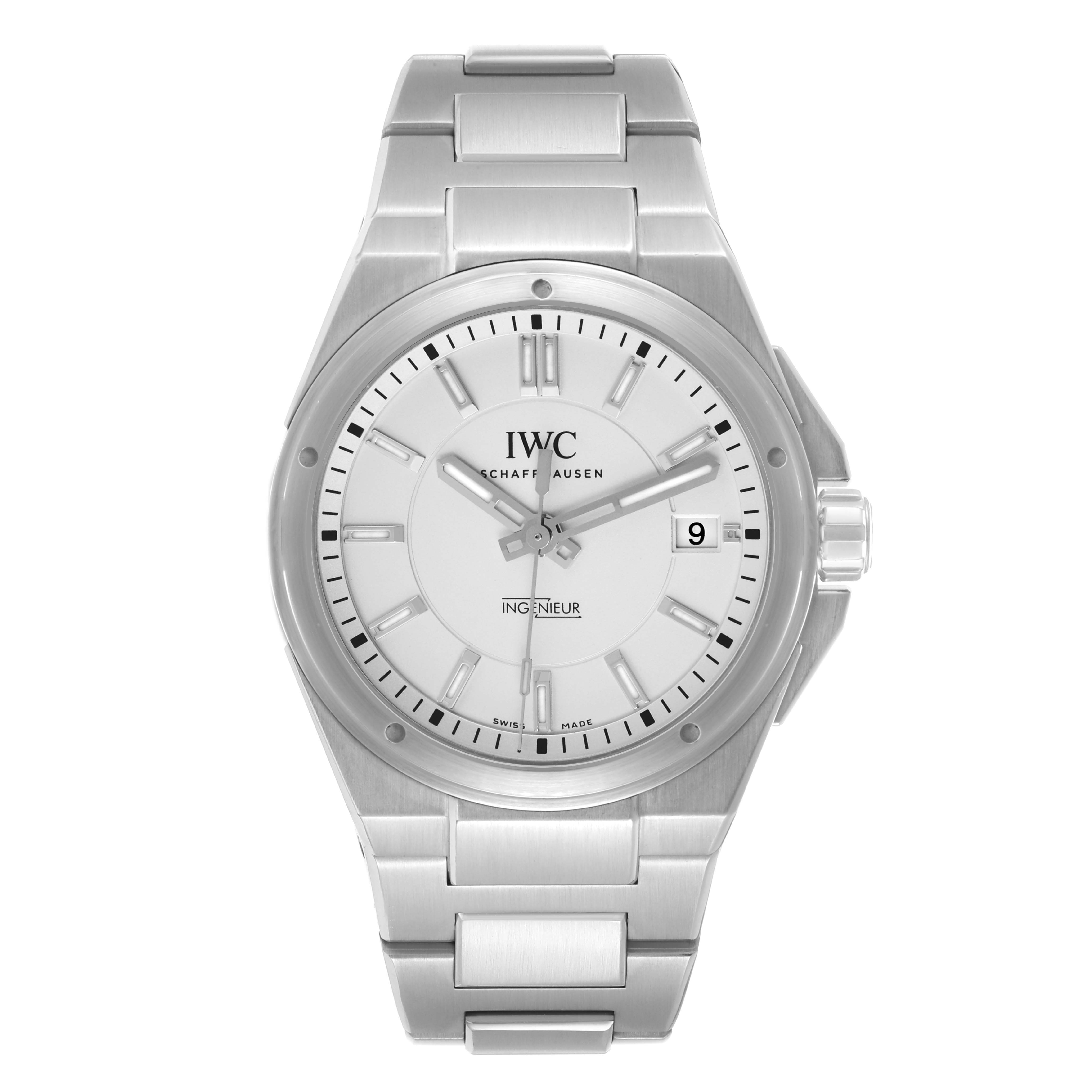 The IWC Ingenieur IW323904 Men
s Stainless Steel White Dial watch is shown from a front angle, displaying its face, bezel, and bracelet.