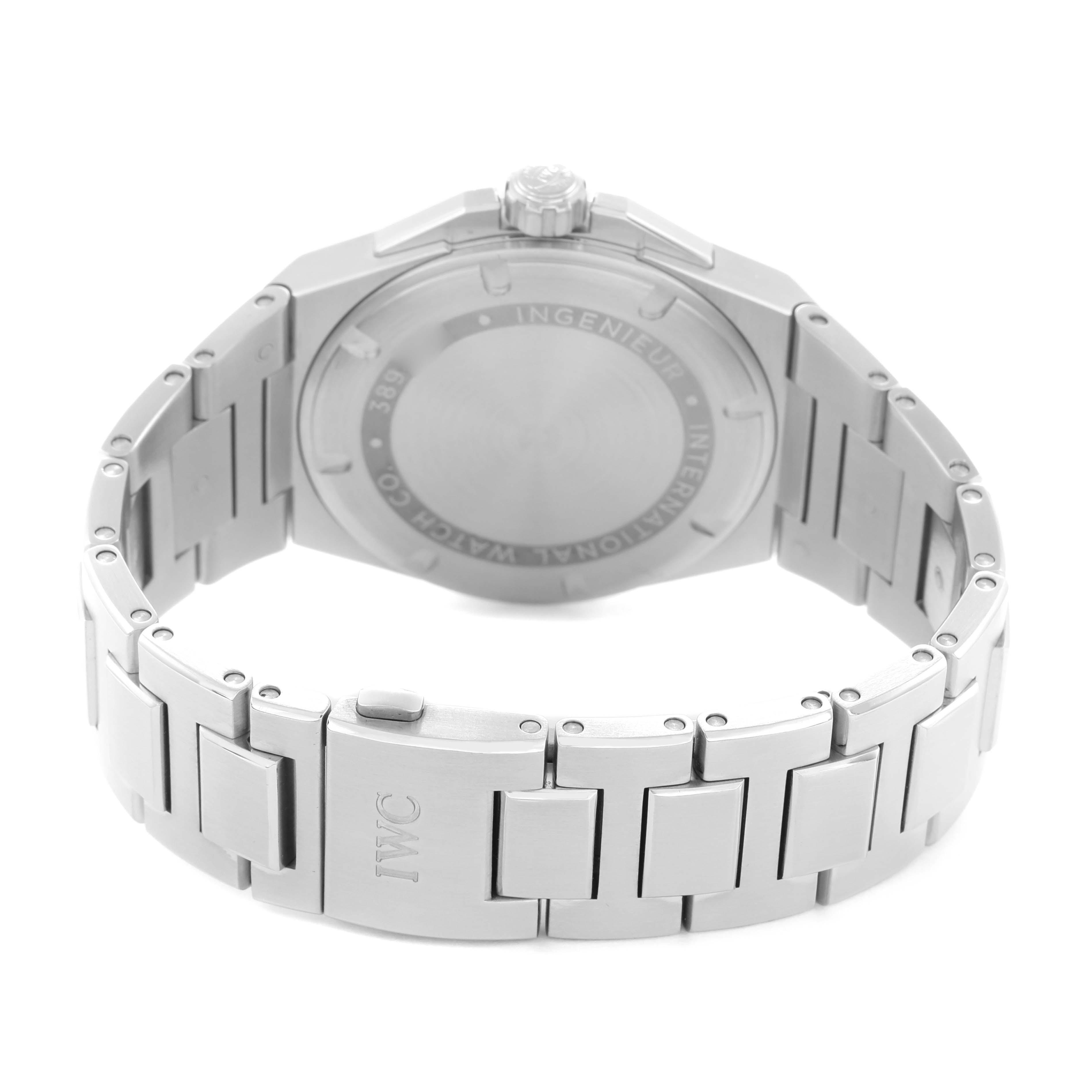 The image shows the IWC Ingenieur IW323904 Men
s Stainless Steel White Dial watch from the back, highlighting the case back, crown, and stainless steel bracelet.