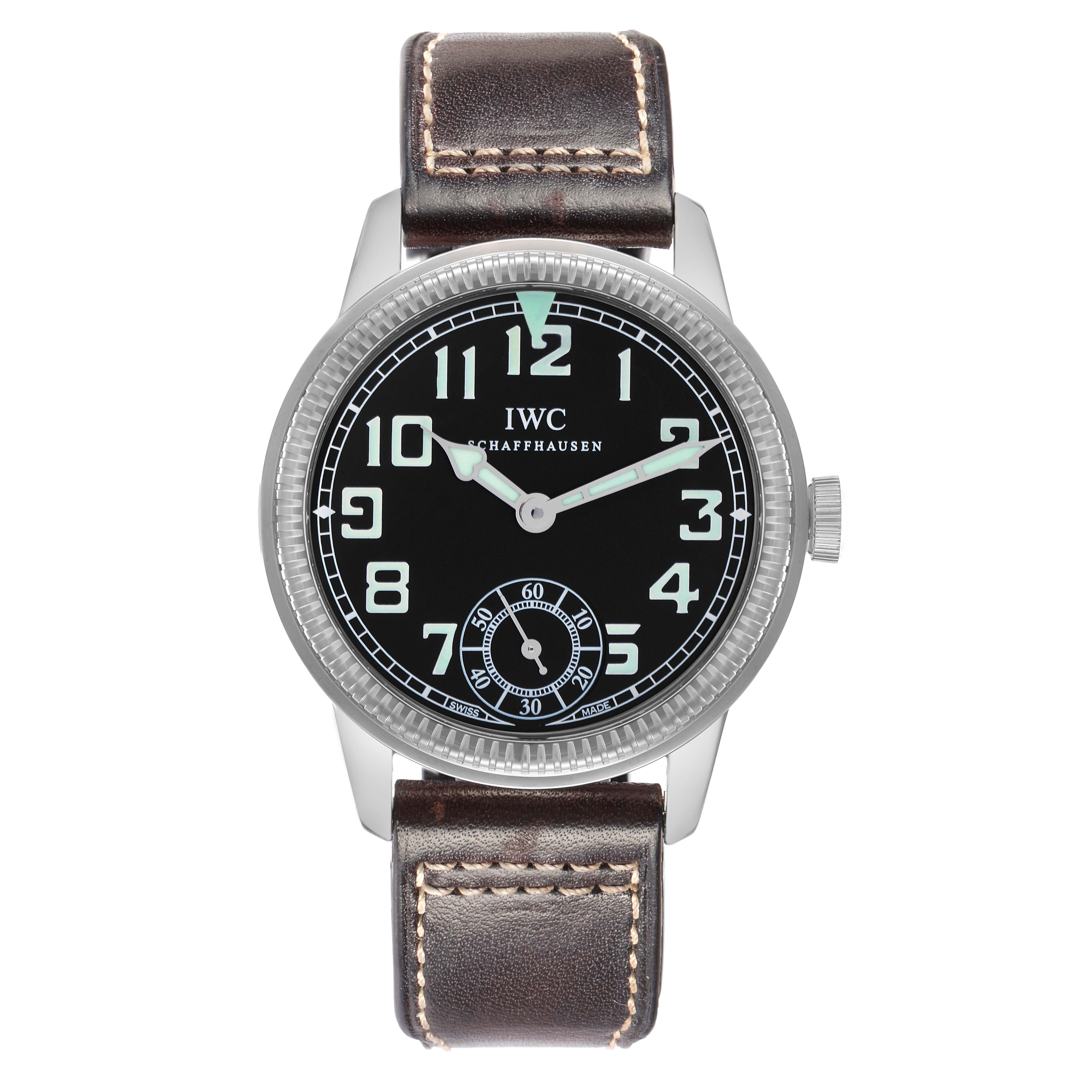 The IWC Pilot IW325401 Men
s Platinum Black Dial watch is shown from a top-down angle, displaying the face, bezel, and leather strap.