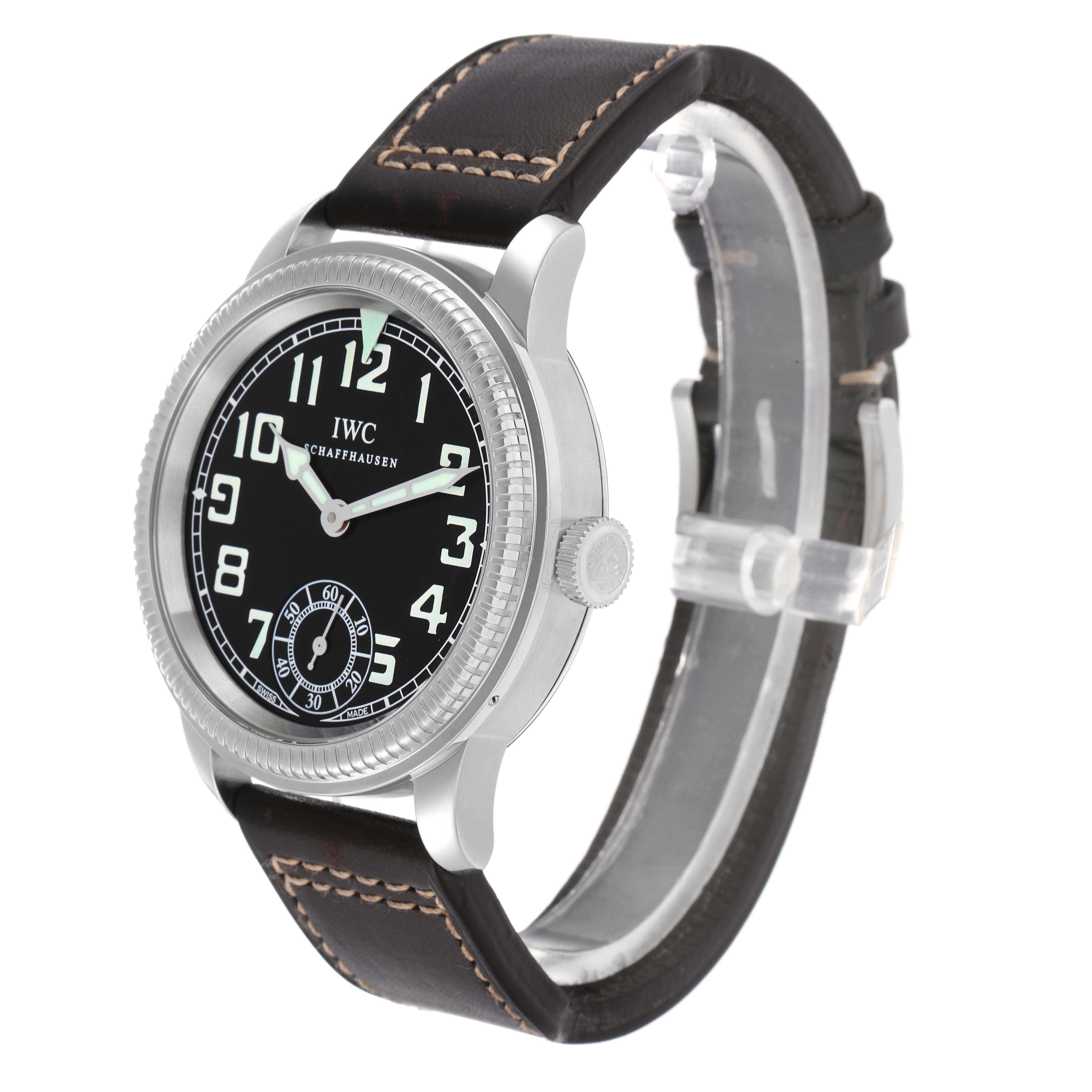 The IWC Pilot IW325401 Men
s Platinum Black Dial watch is shown at a slight angle displaying the face, crown, and leather strap.