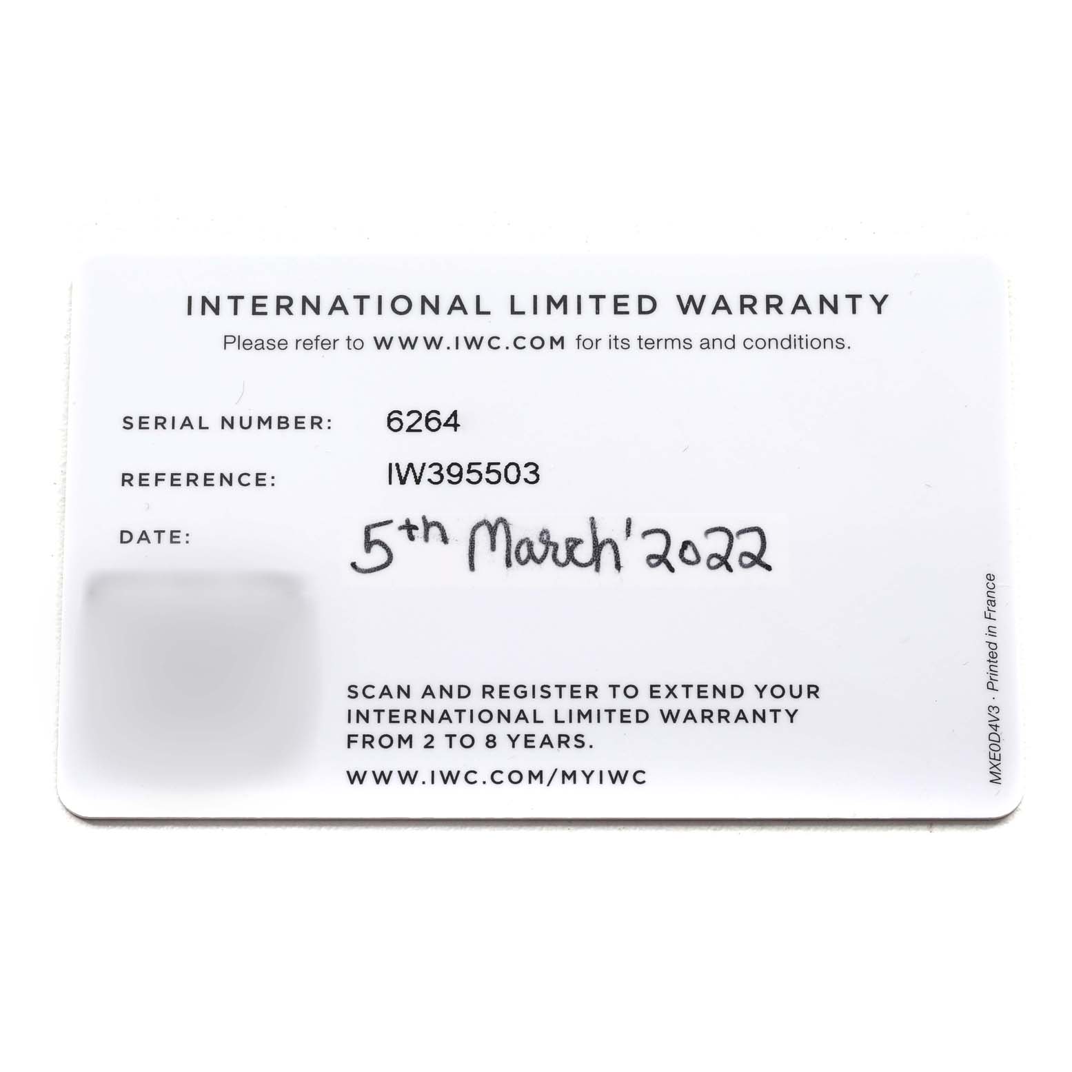 This is the warranty card for the IWC Pilot IW395503 Men's Stainless Steel Blue Dial IW395503 Men's Stainless Steel Blue Dial model watch.