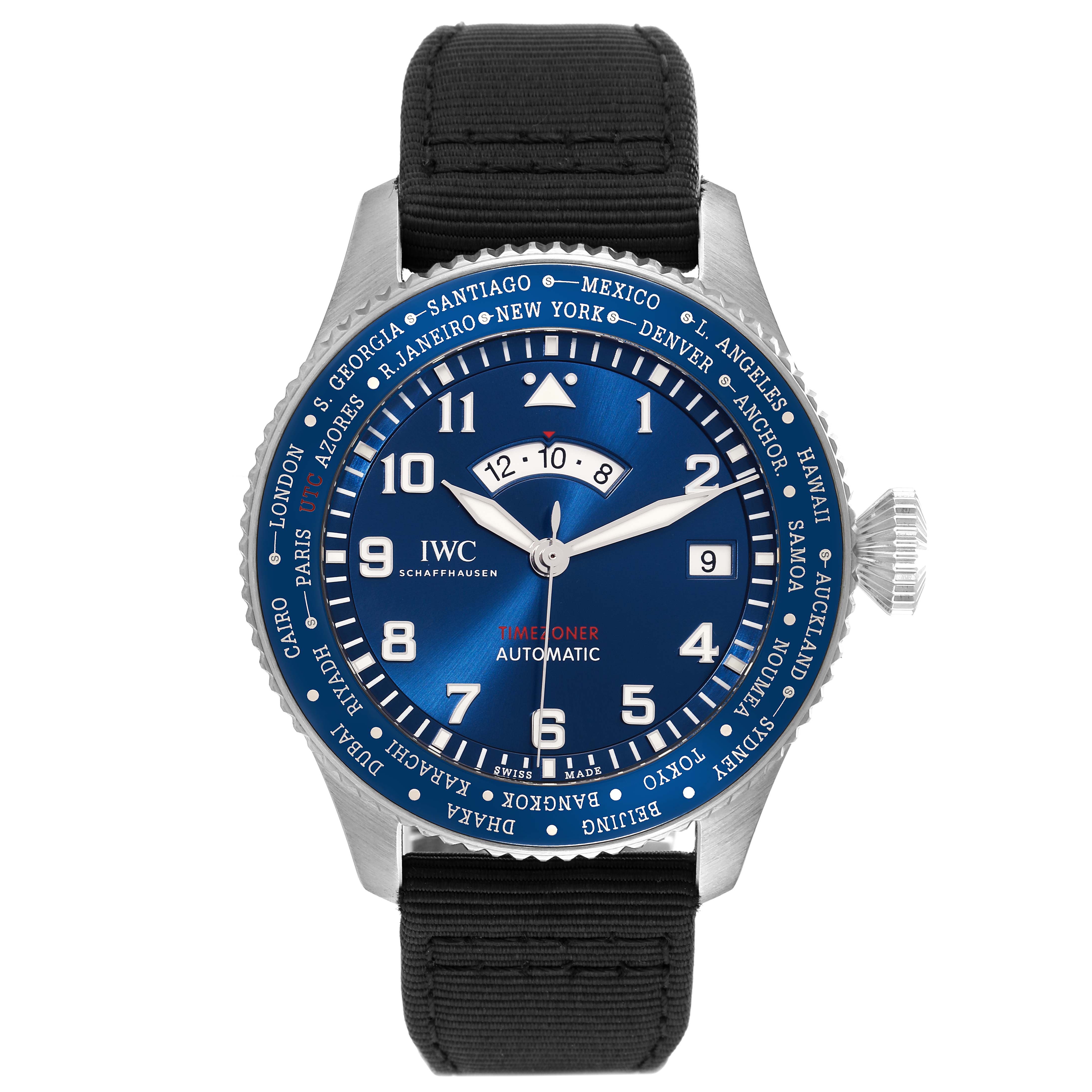 The image shows the IWC Pilot IW395503 Men's Stainless Steel Blue Dial IW395503 Men's Stainless Steel Blue Dial model watch from a front angle, highlighting its face, dials, and strap.