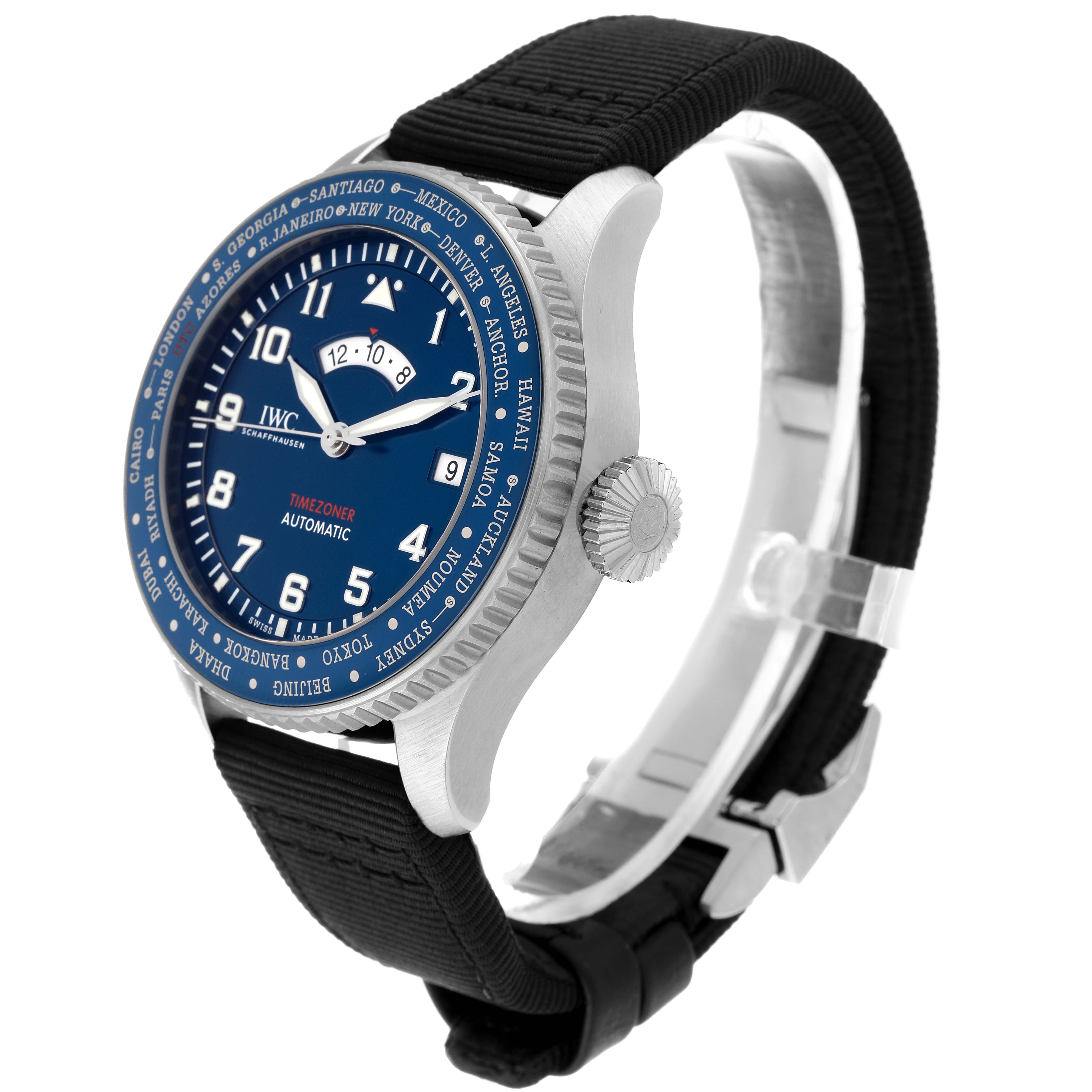 The image shows a side angle of the IWC Pilot IW395503 Men's Stainless Steel Blue Dial IW395503 Men's Stainless Steel Blue Dial model watch, highlighting the crown, bezel, and strap.