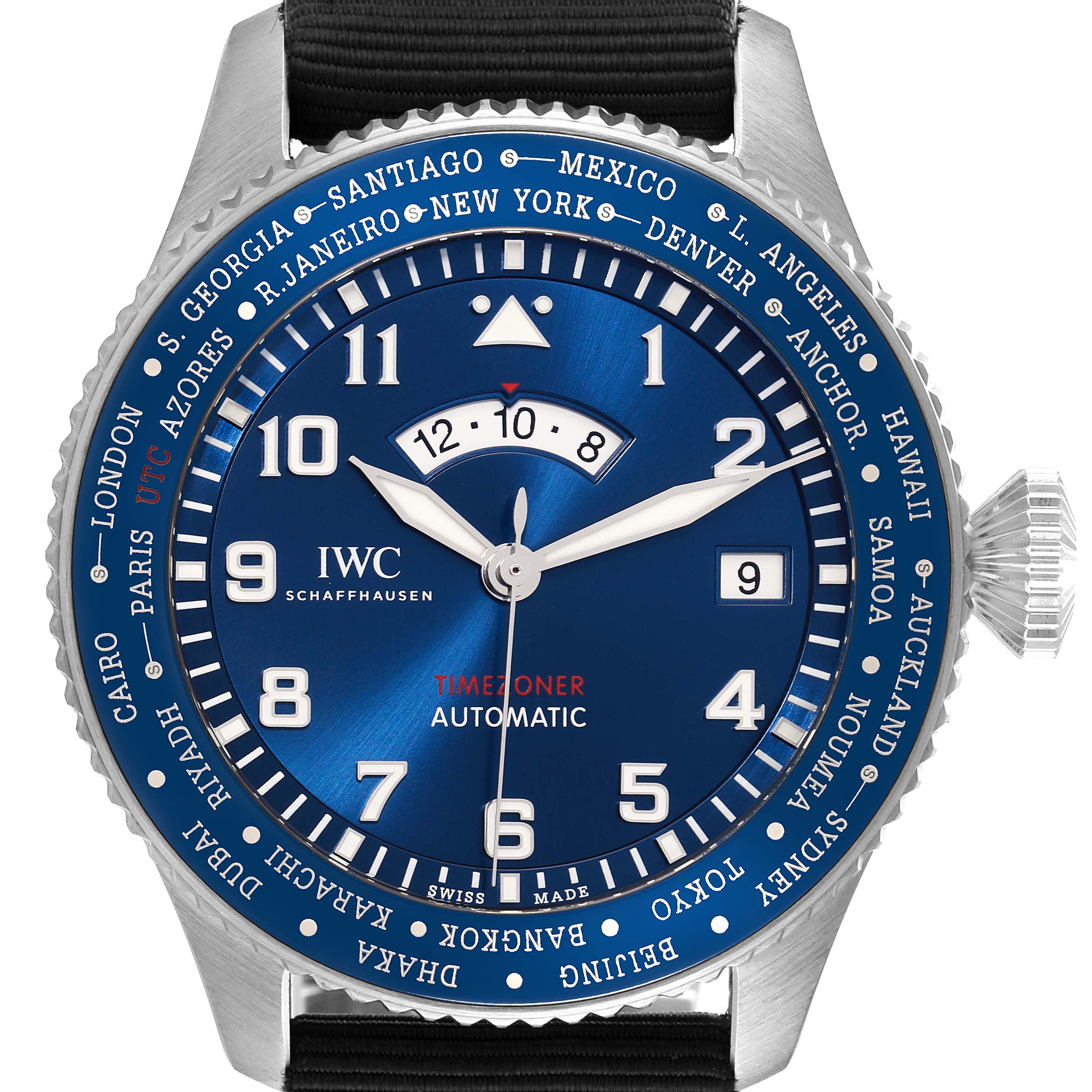 The image shows a front view of the IWC Pilot IW395503 Men's Stainless Steel Blue Dial IW395503 Men's Stainless Steel Blue Dial watch Timezoner model, highlighting the face, bezel, and crown.