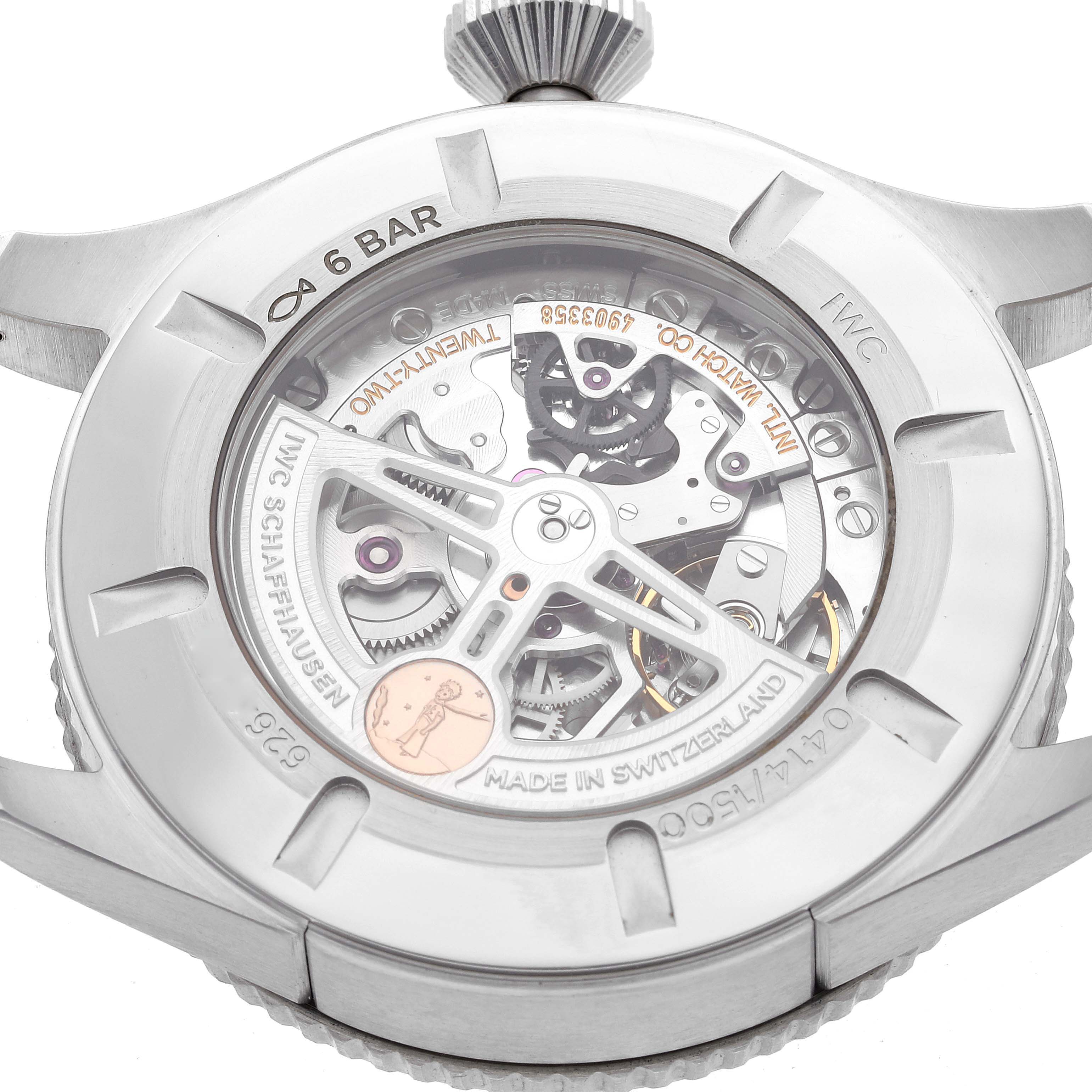 The image shows the back of the IWC Pilot IW395503 Men's Stainless Steel Blue Dial IW395503 Men's Stainless Steel Blue Dial model watch, highlighting the inner mechanical movement through a transparent case-back.