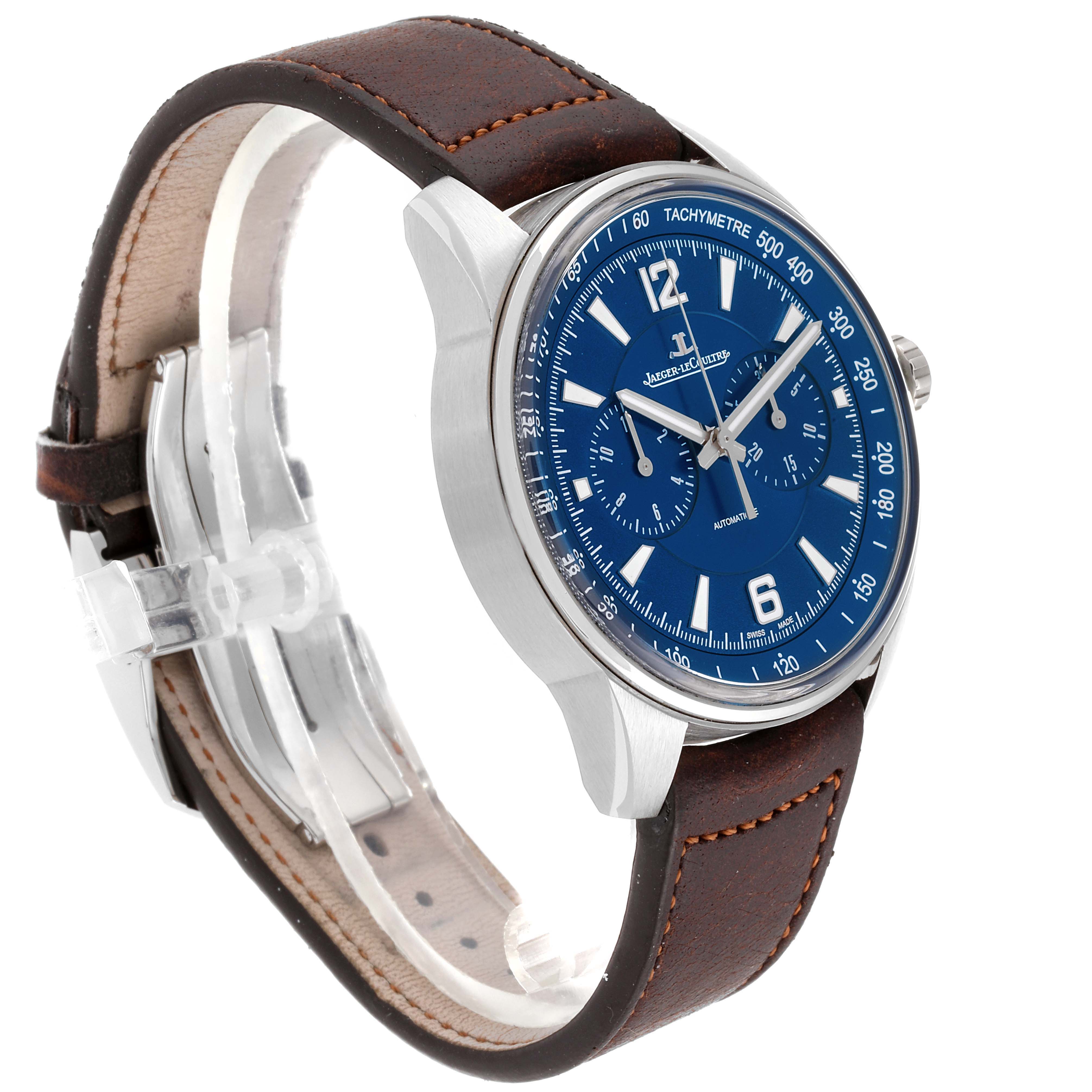 The Jaeger LeCoultre Polaris Q9028480 Men's Stainless Steel Blue Dial Q9028480 Men's Stainless Steel Blue Dial watch is shown at a three-quarter angle, displaying its blue dial, tachymeter scale, and brown leather strap.