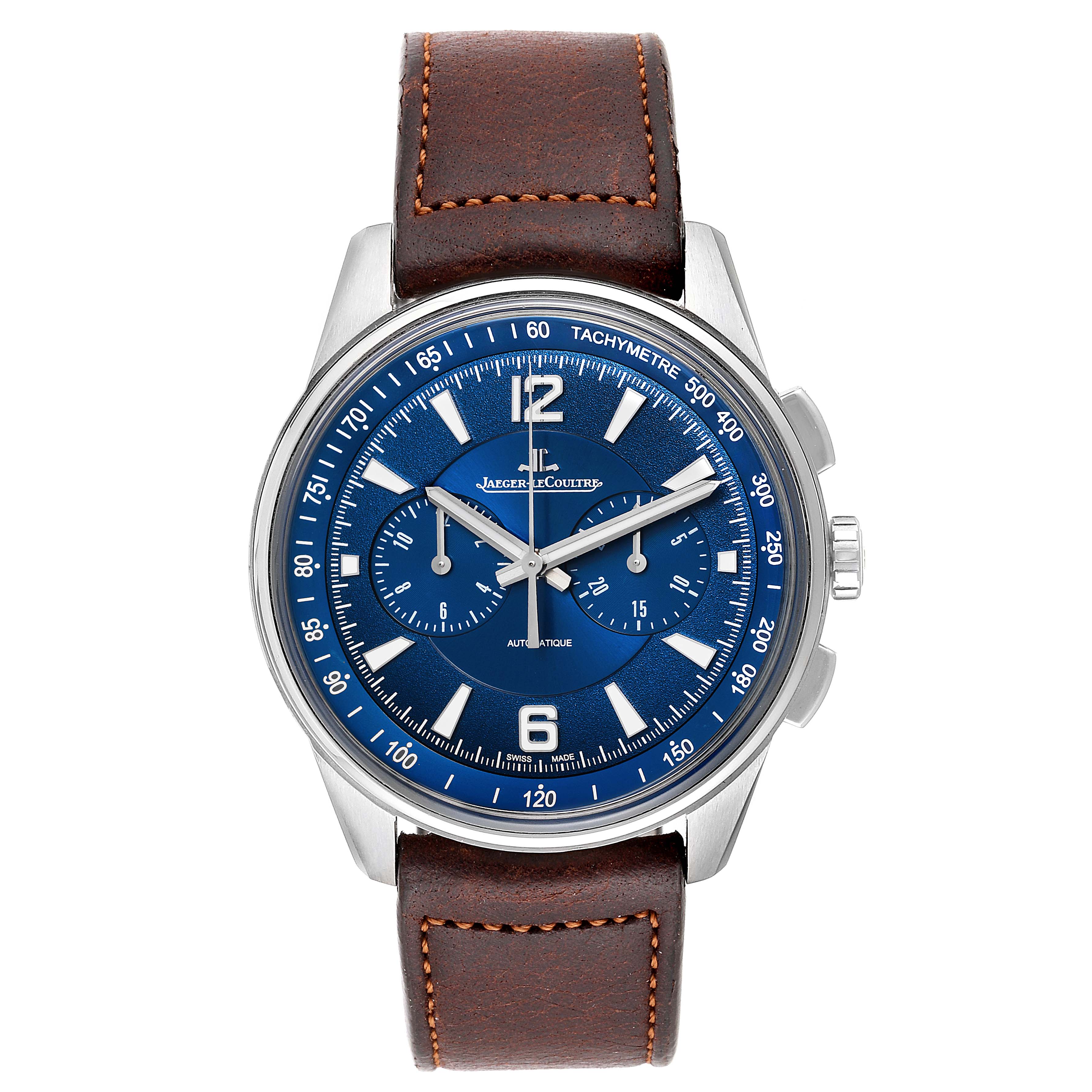 The image shows a front view of the Jaeger LeCoultre Polaris Q9028480 Men's Stainless Steel Blue Dial Q9028480 Men's Stainless Steel Blue Dial watch, highlighting its blue dial, silver case, and brown leather strap.