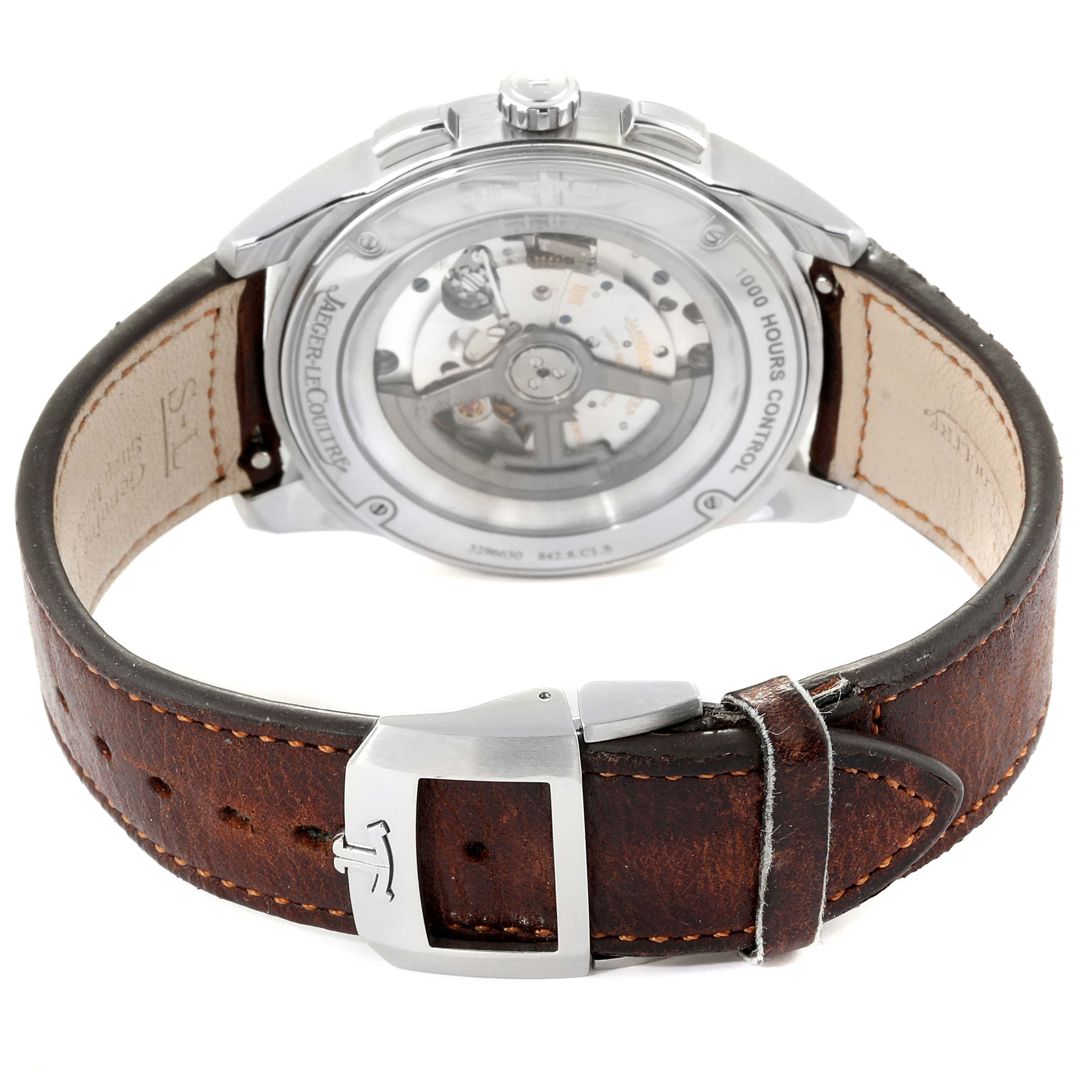 This image shows the back view of the Jaeger LeCoultre Polaris Q9028480 Men's Stainless Steel Blue Dial Q9028480 Men's Stainless Steel Blue Dial watch, highlighting its movement and leather strap with a buckle.