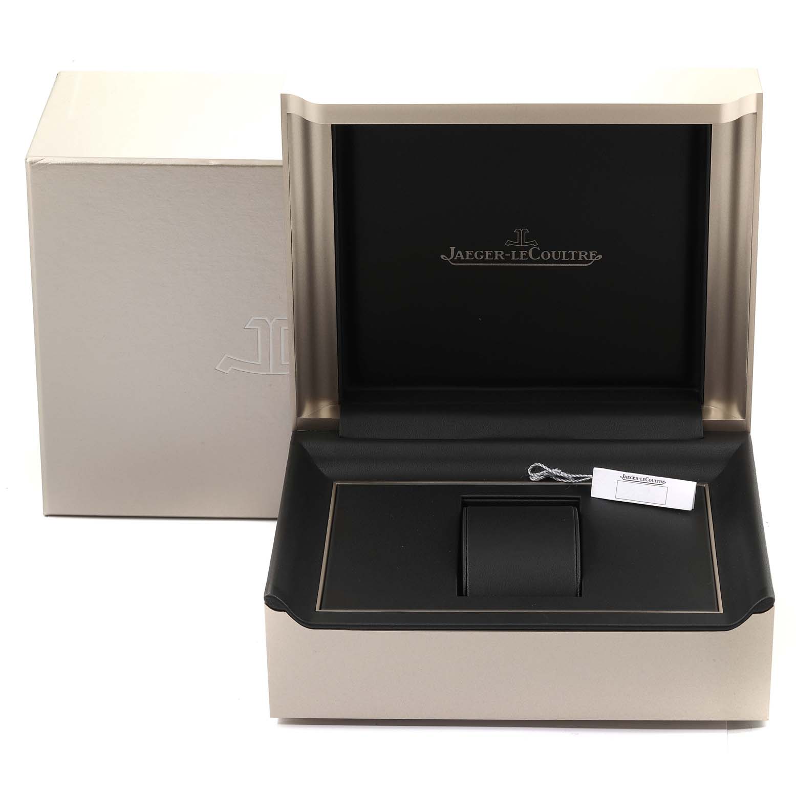 The image shows the open box and packaging for a Jaeger-LeCoultre Polaris watch from a front angle, with no watch inside.