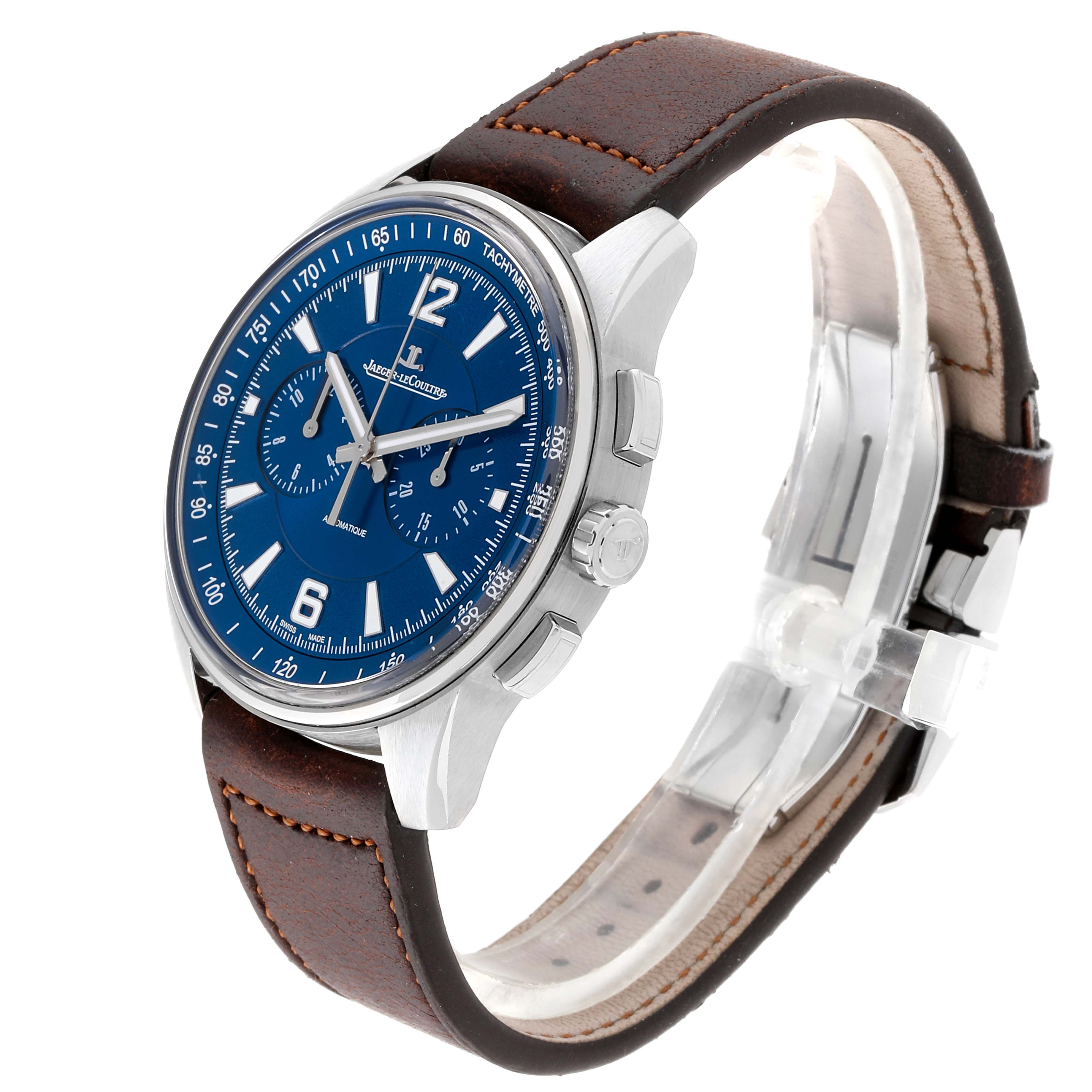 The image shows a Jaeger LeCoultre Polaris Q9028480 Men's Stainless Steel Blue Dial Q9028480 Men's Stainless Steel Blue Dial watch at a three-quarter angle, highlighting its blue dial, brown leather strap, and silver case.