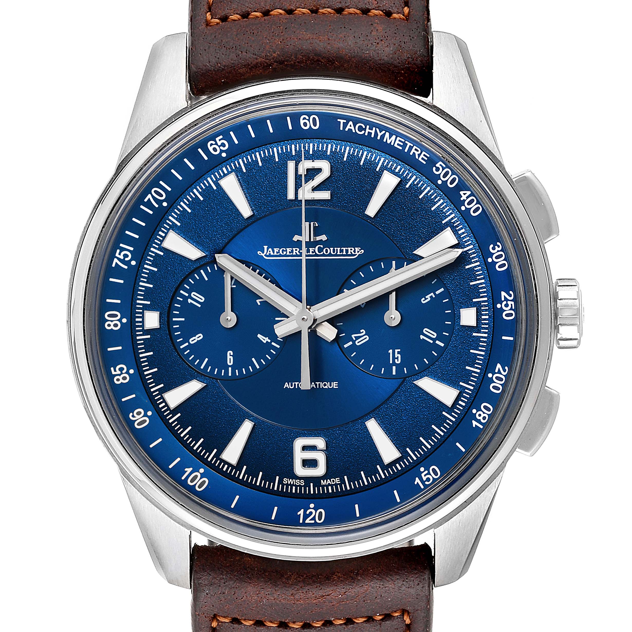 This Jaeger LeCoultre Polaris Q9028480 Men's Stainless Steel Blue Dial Q9028480 Men's Stainless Steel Blue Dial watch is shown from a front angle, displaying the blue dial, hour markers, and brown leather strap.
