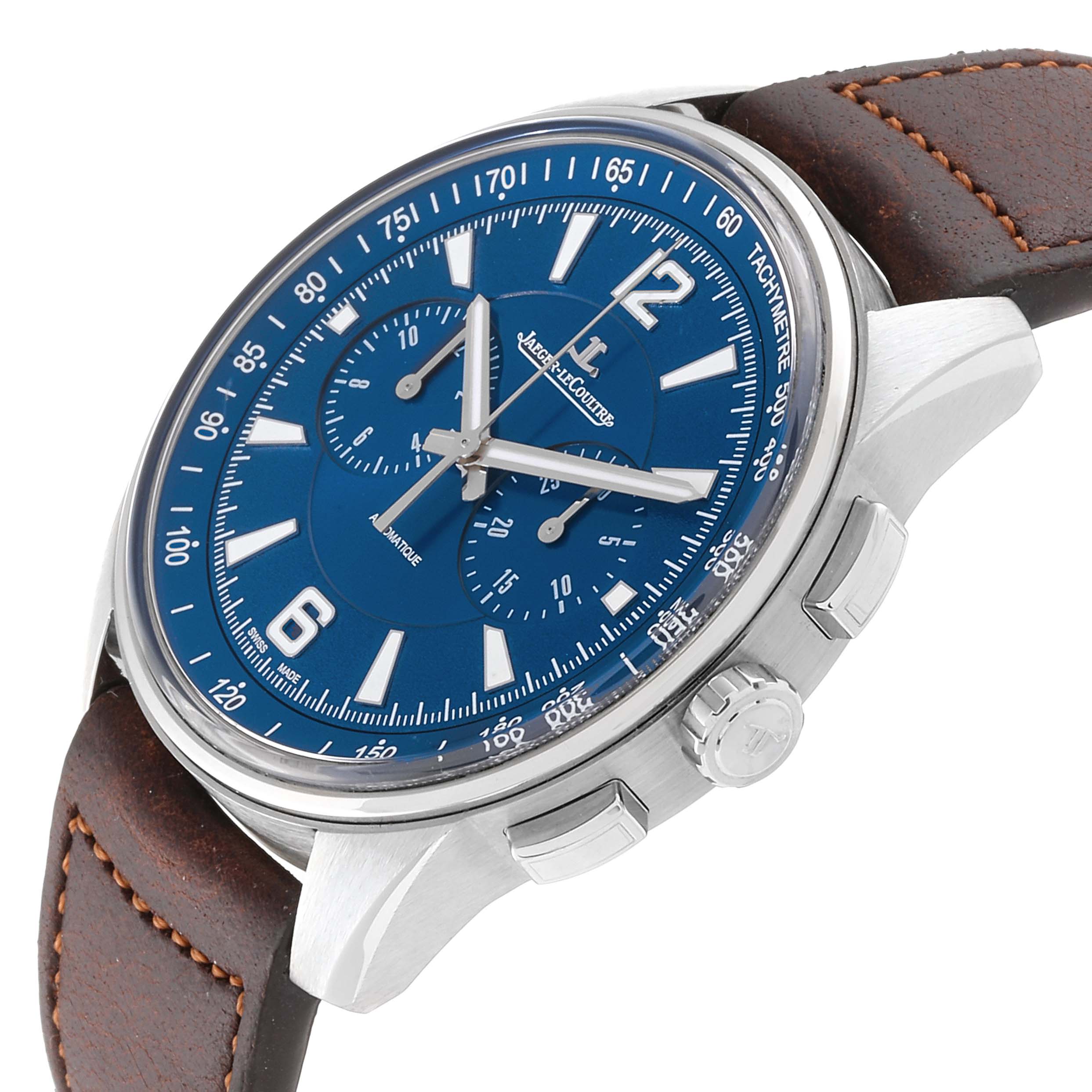 This image shows a Jaeger-LeCoultre Polaris watch at an oblique angle highlighting its blue dial, chronograph subdials, and brown leather strap.