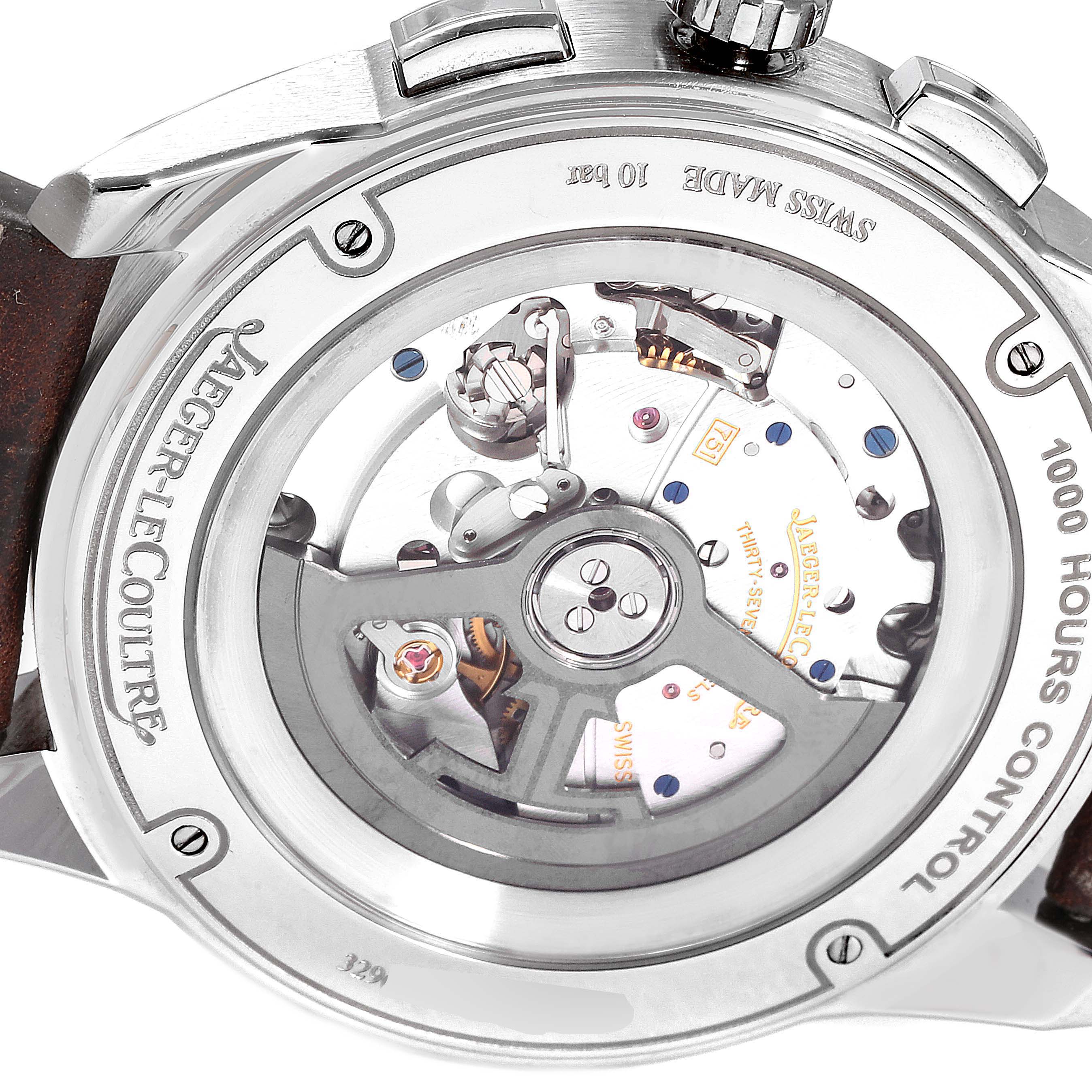 The image shows the back of a Jaeger LeCoultre Polaris Q9028480 Men's Stainless Steel Blue Dial Q9028480 Men's Stainless Steel Blue Dial watch, revealing its intricate movement and rotor.