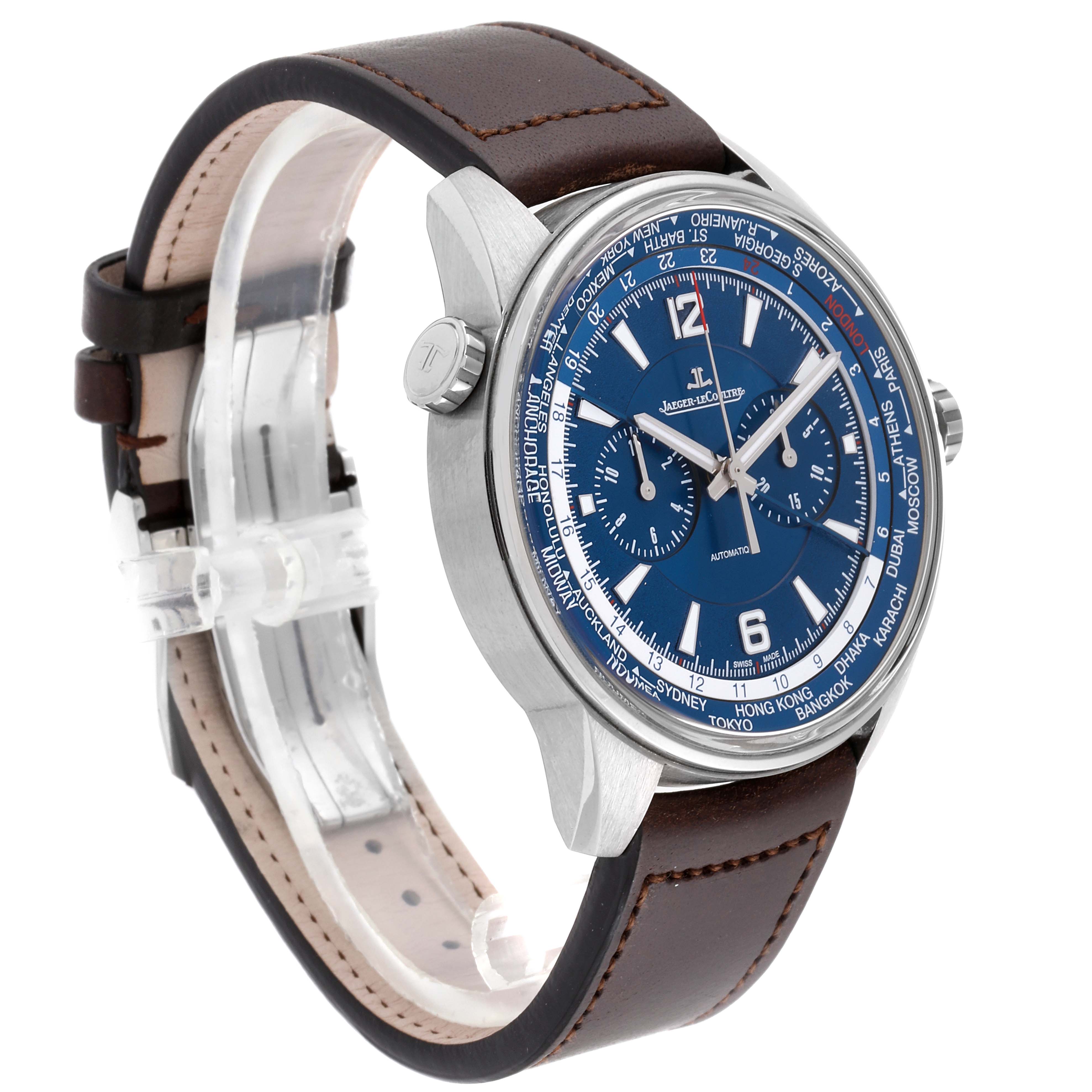 The image shows a Jaeger LeCoultre Polaris 844.T.C2.S Men's Titanium Blue Dial 844.T.C2.S Men's Titanium Blue Dial watch at a three-quarter angle, highlighting its blue dial, silver case, and brown leather strap.