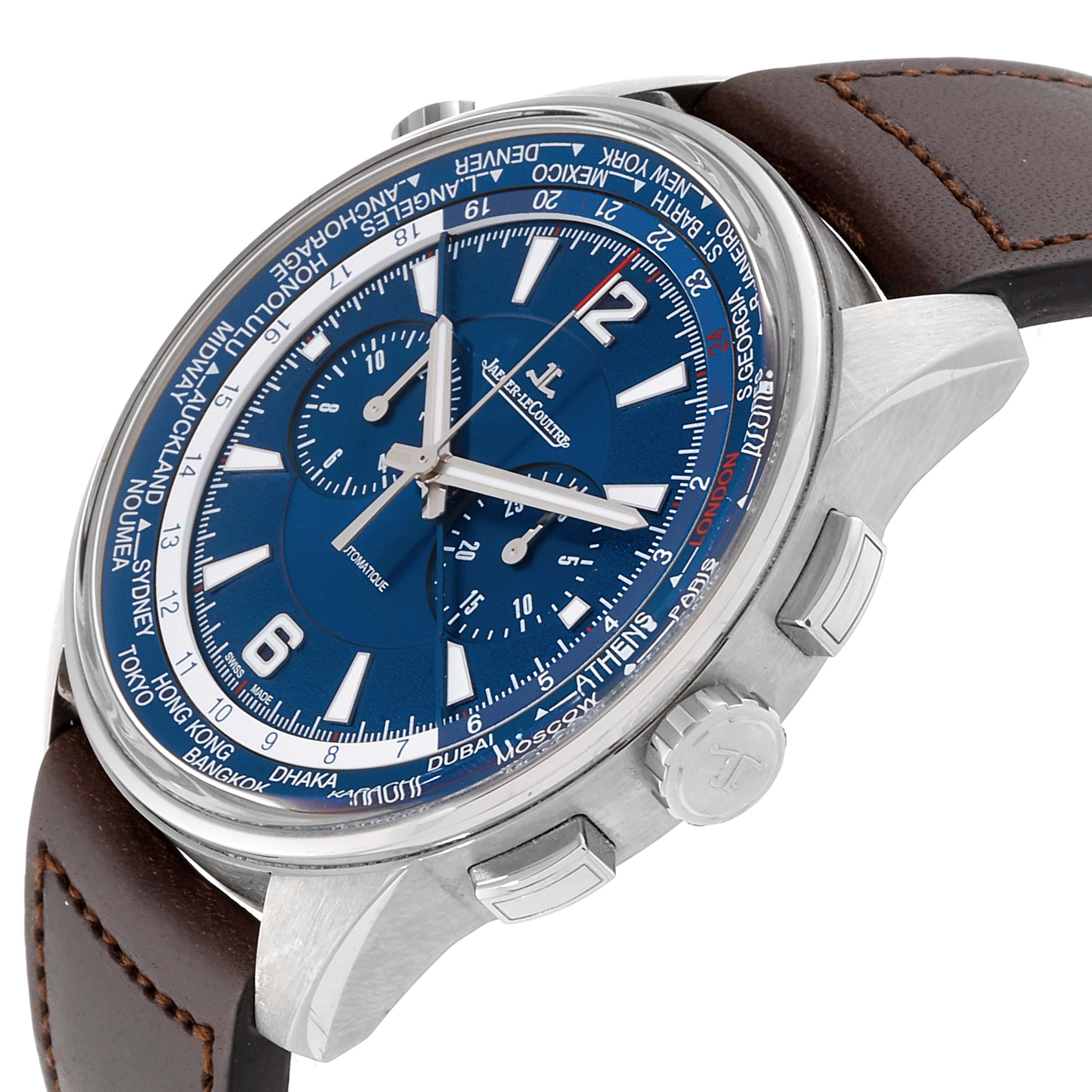 The Jaeger LeCoultre Polaris 844.T.C2.S Men's Titanium Blue Dial 844.T.C2.S Men's Titanium Blue Dial watch is shown at a three-quarter angle, displaying the dial, crown, pushers, and leather strap.