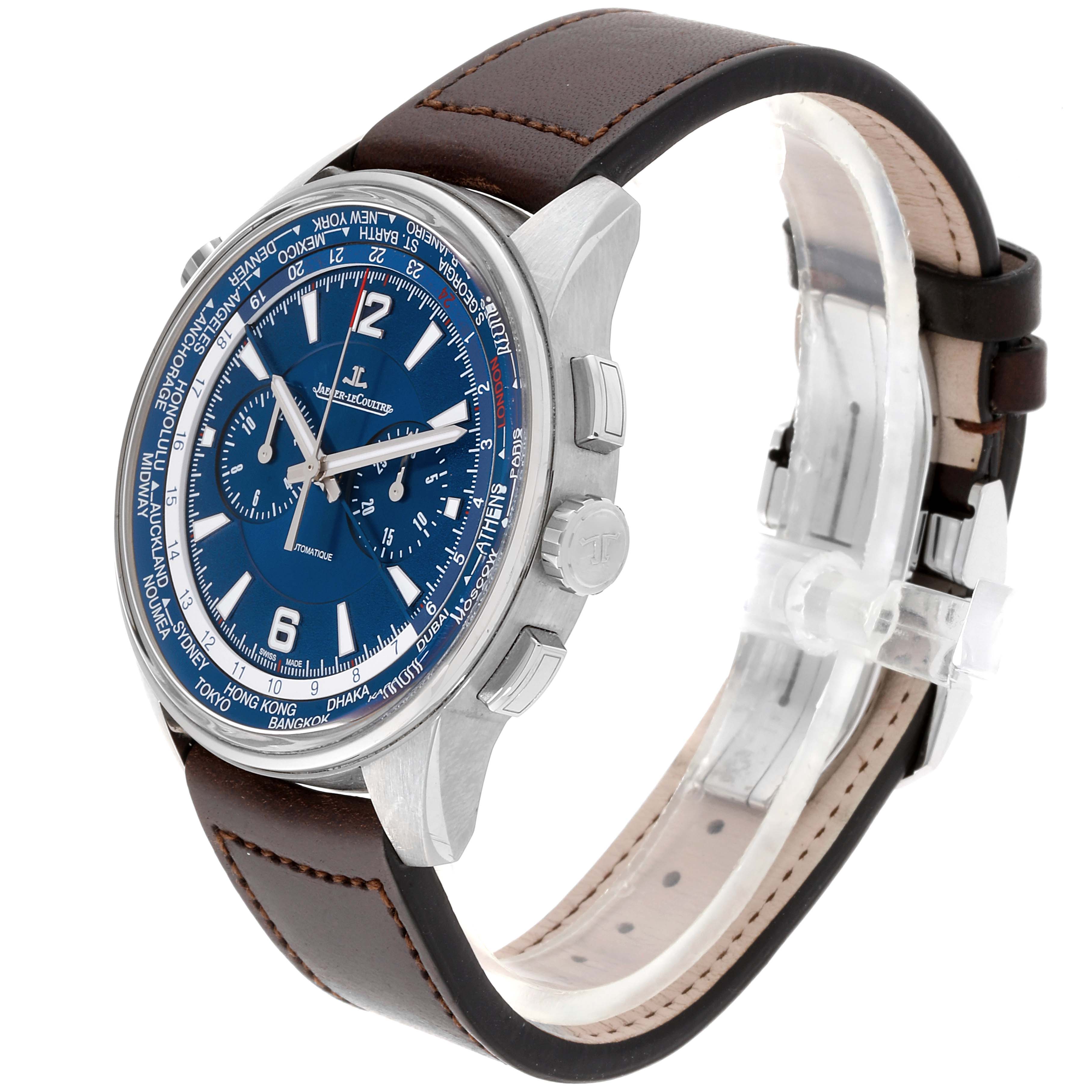 The image shows a Jaeger LeCoultre Polaris 844.T.C2.S Men's Titanium Blue Dial 844.T.C2.S Men's Titanium Blue Dial watch at a 3/4 angle highlighting the face, bezel, and brown leather strap.