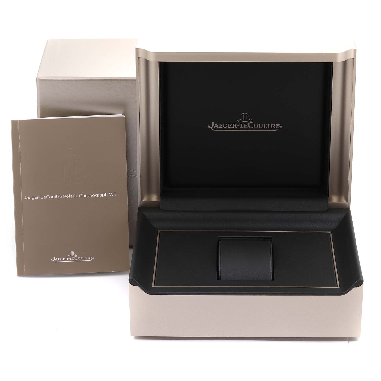 The image shows the packaging and user manual of the Jaeger LeCoultre Polaris 844.T.C2.S Men's Titanium Blue Dial 844.T.C2.S Men's Titanium Blue Dial model from a front angle.