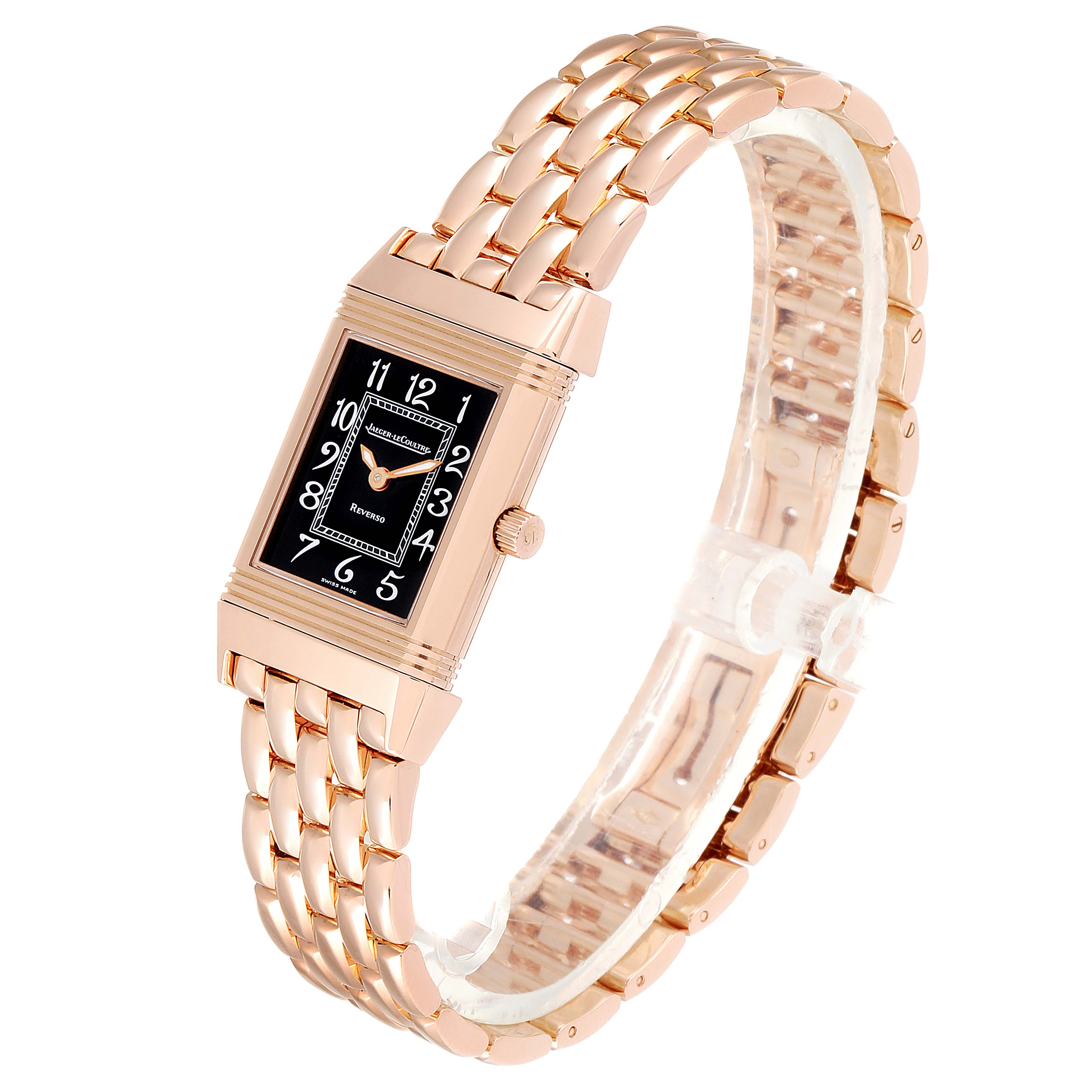 This image shows a Jaeger-LeCoultre Reverso watch at an oblique angle, highlighting its bracelet and rectangular black dial.