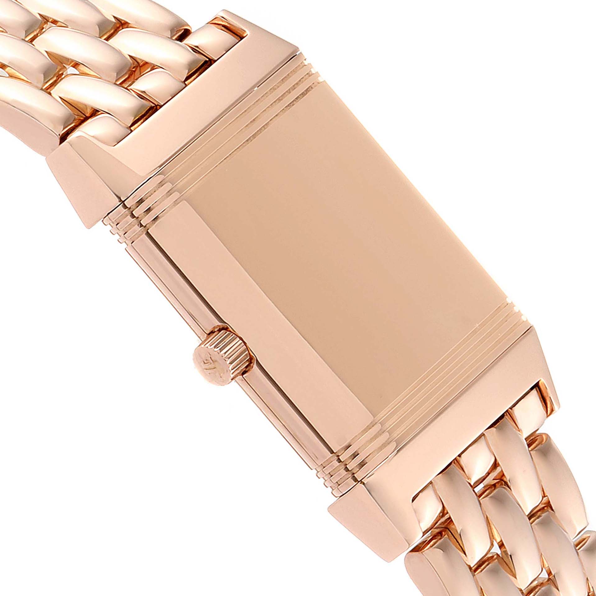 This image shows a close-up of the side view of a Jaeger LeCoultre Reverso 260.2.86 Women's Rose Gold Black Dial 260.2.86 Women's Rose Gold Black Dial watch, highlighting the crown and bracelet.