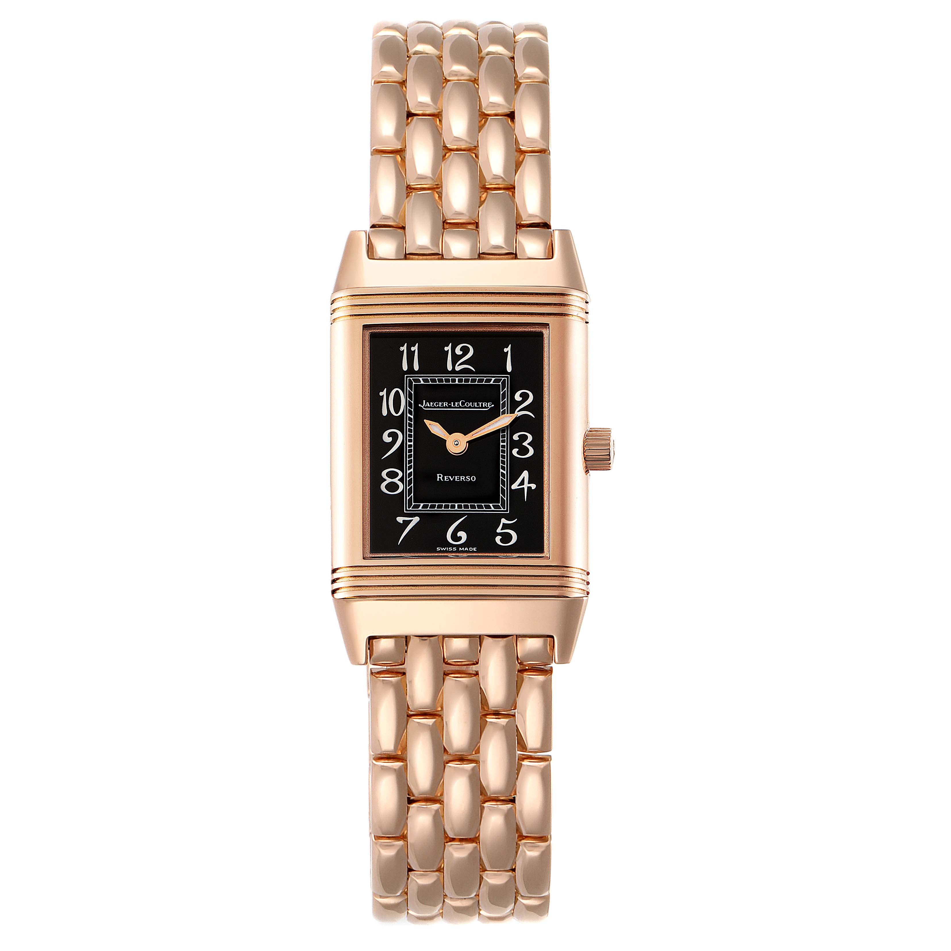 The image shows a front view of the Jaeger LeCoultre Reverso 260.2.86 Women's Rose Gold Black Dial 260.2.86 Women's Rose Gold Black Dial watch, highlighting its rectangular dial and gold bracelet.