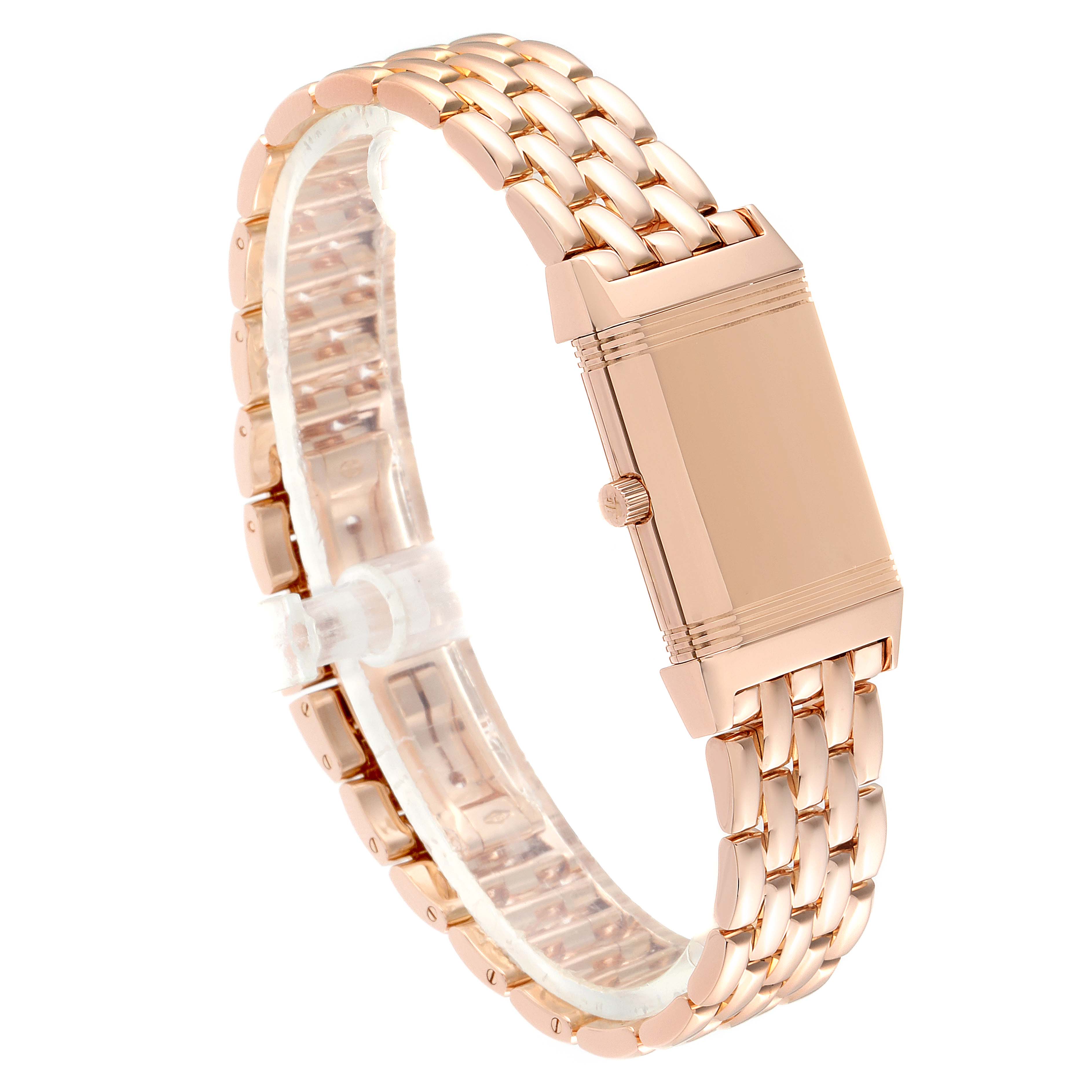 This image shows a Jaeger LeCoultre Reverso 260.2.86 Women's Rose Gold Black Dial 260.2.86 Women's Rose Gold Black Dial watch at a three-quarter angle, highlighting its rose gold case and bracelet.