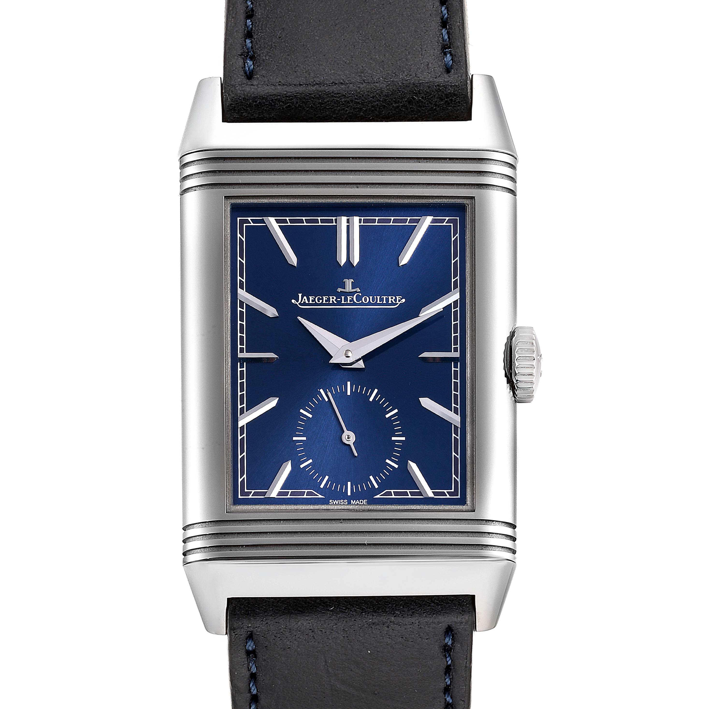 This image shows a front view of a Jaeger LeCoultre Reverso Q3978480 Men's Stainless Steel Blue Dial Q3978480 Men's Stainless Steel Blue Dial watch, featuring a blue dial, silver accents, and a black leather strap.